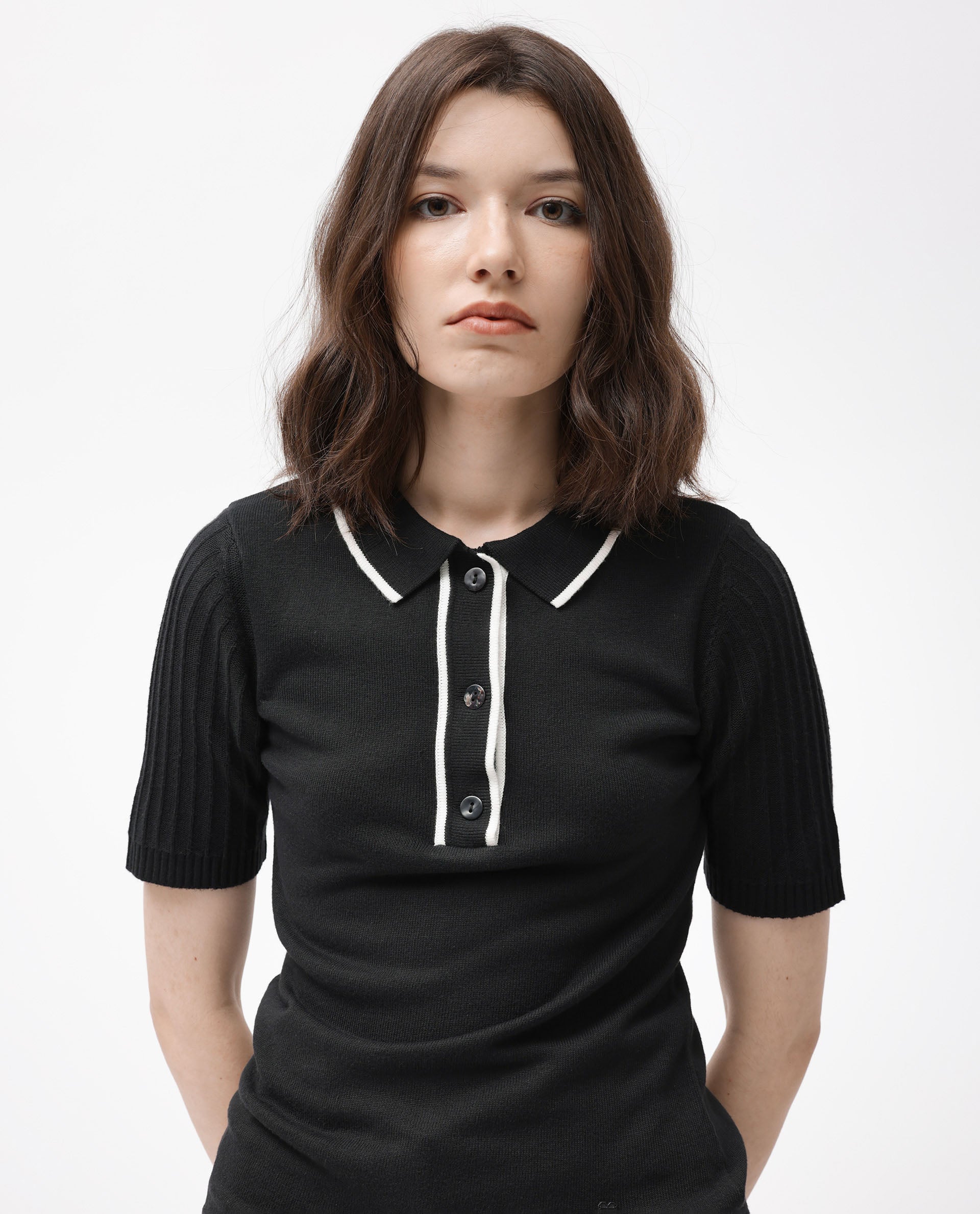 Rareism Women's Knitup Black Cotton Spread Collar Plain Regular Fit Sweater