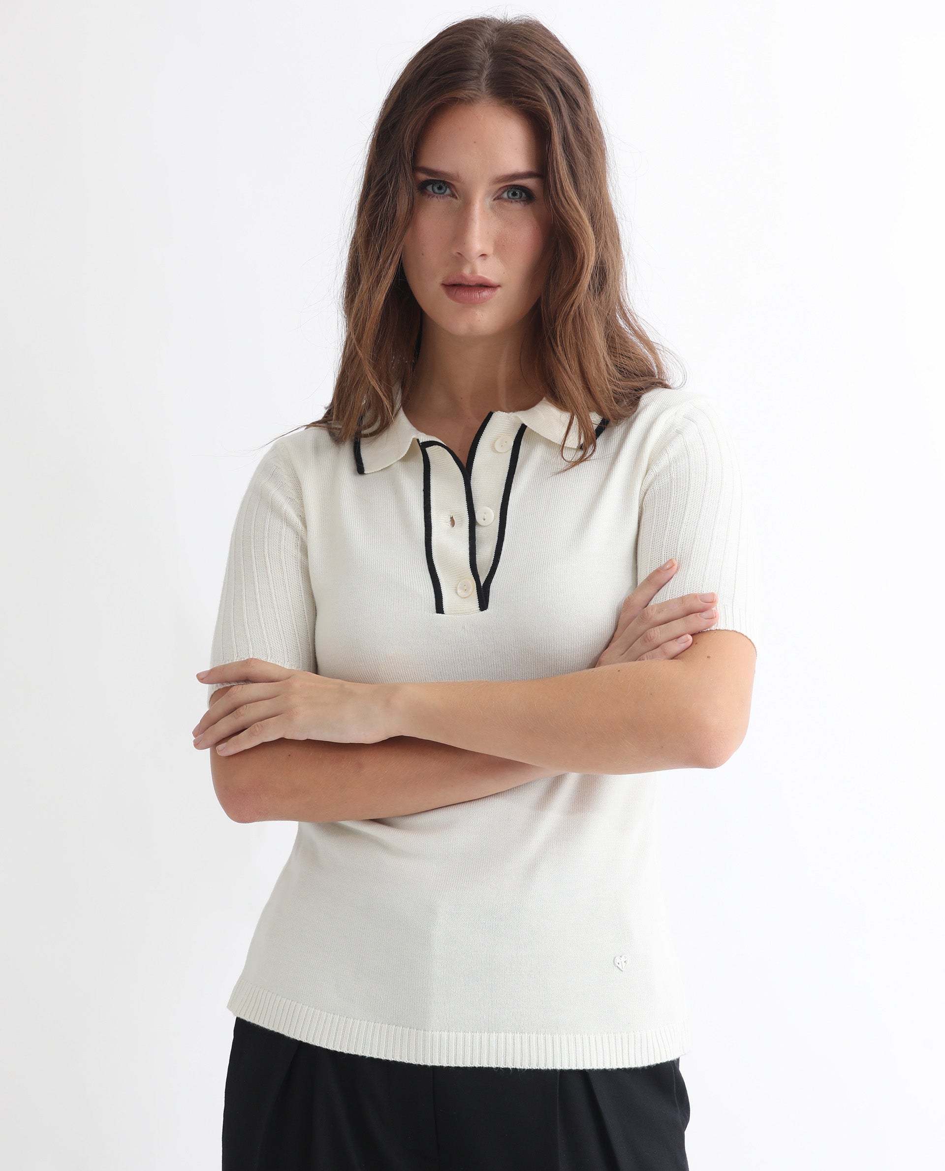 Rareism Women Knitup Off White  Half Sleeves Regular Fit Solid Shirt Collar Sweater