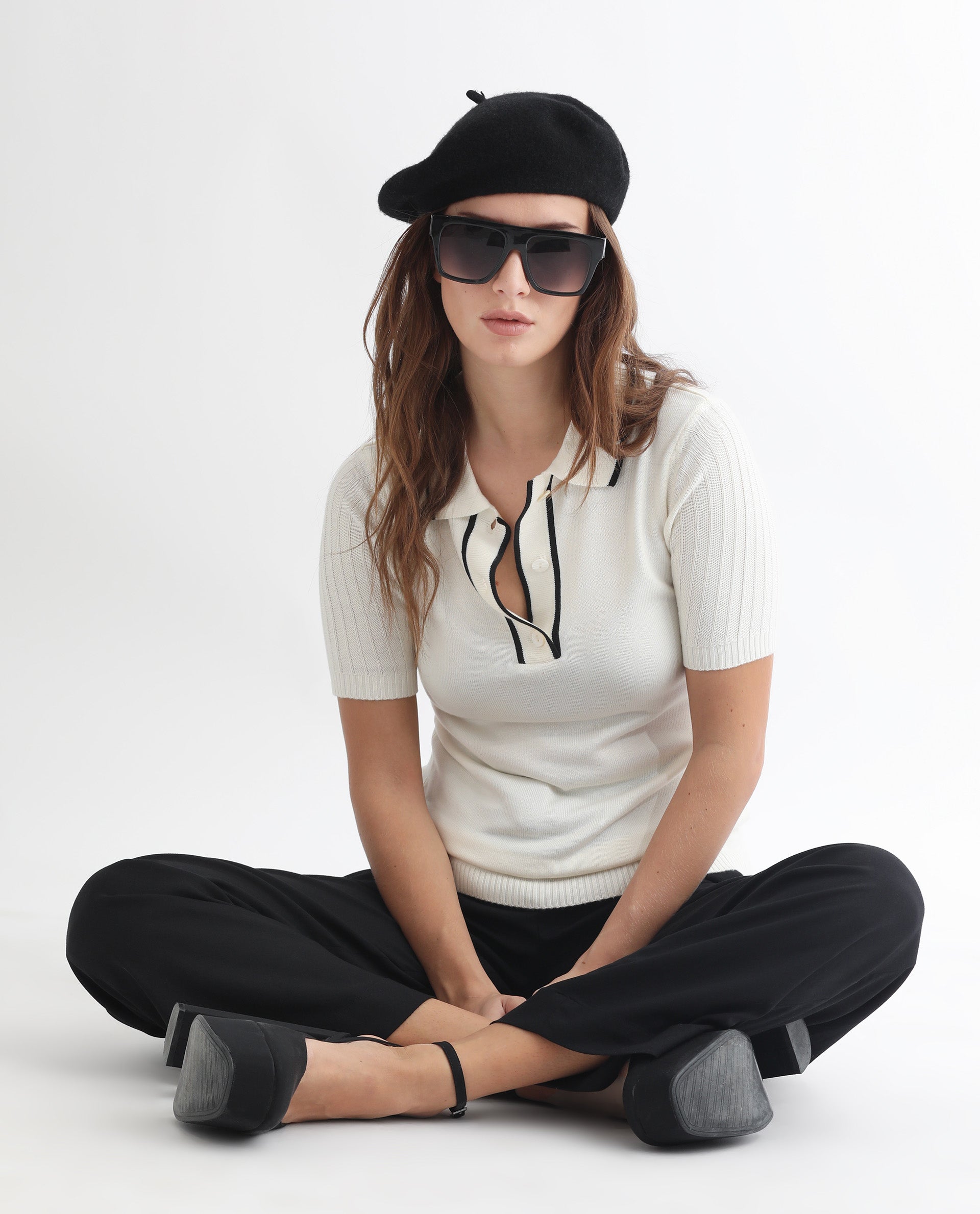 Rareism Women's Knitup Off White Cotton Spread Collar Plain Regular Fit Sweater