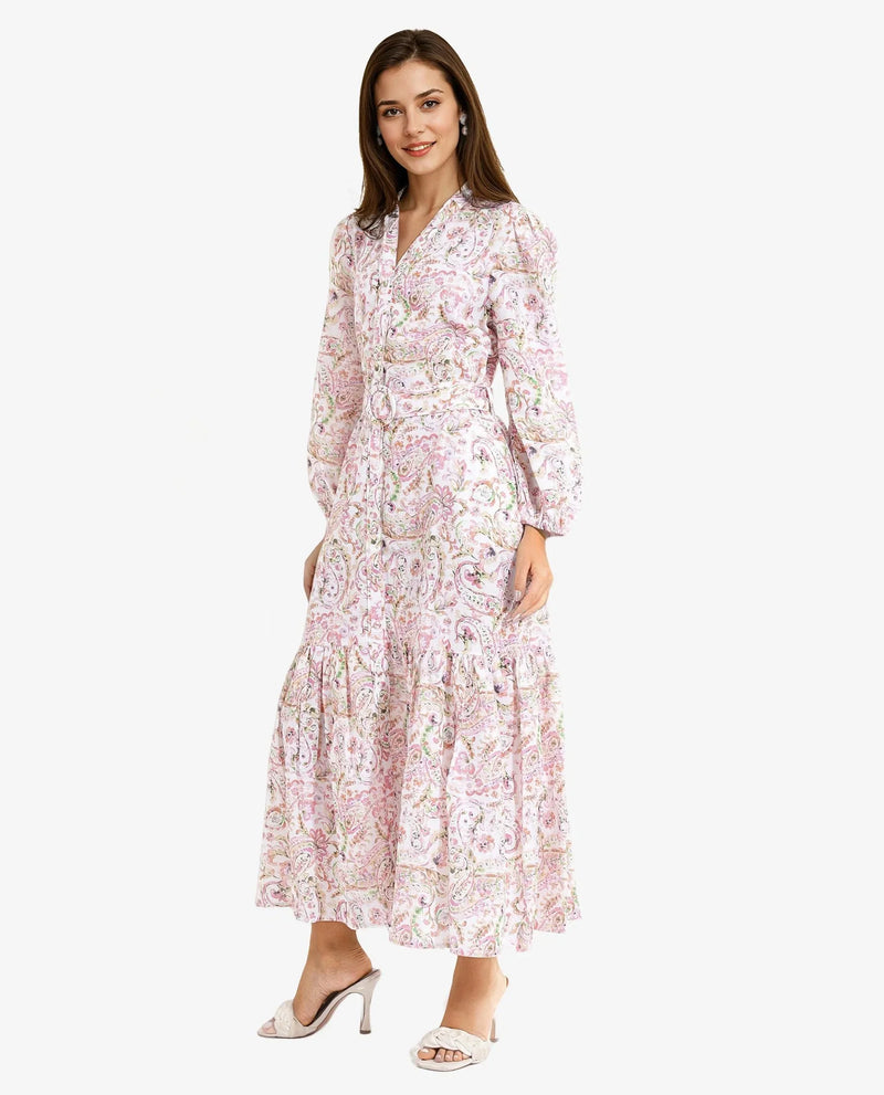 Rareism Women Koa Light Multi Cuffed Sleeve V-Neck A-Line Paisley Midi Dress