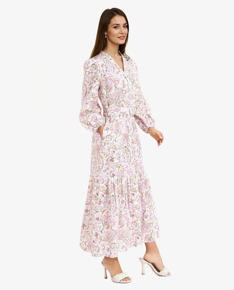 Rareism Women Koa Light Multi Cuffed Sleeve V-Neck A-Line Paisley Midi Dress