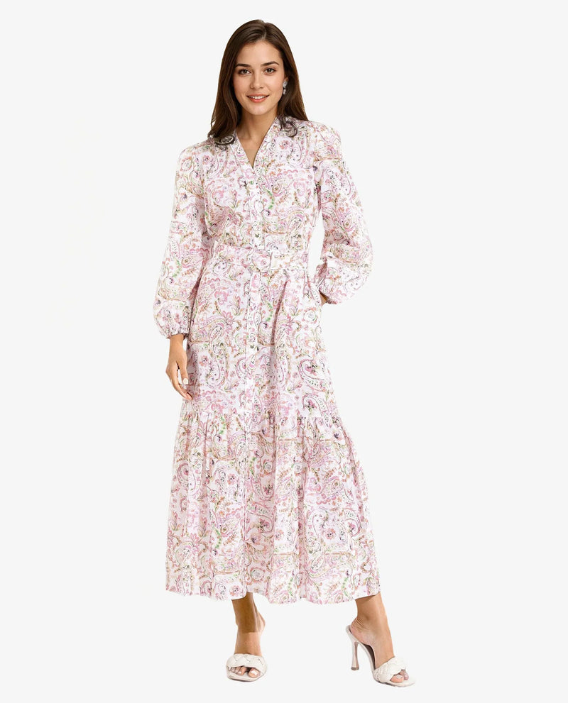 Rareism Women Koa Light Multi Cuffed Sleeve V-Neck A-Line Paisley Midi Dress