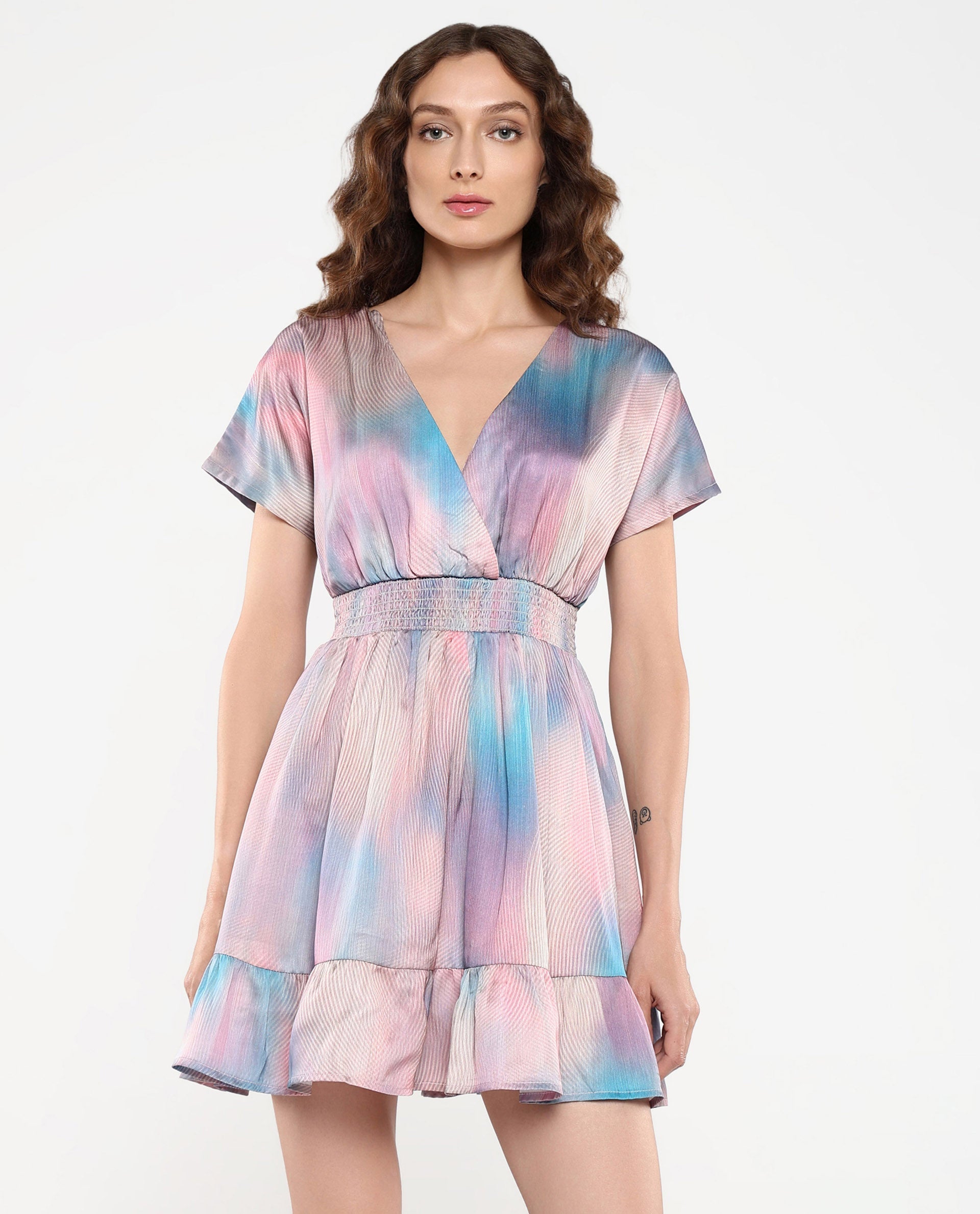 Rareism Women's Kobzy Multi Polyester V-Neck Abstract Print Extended Sleeves Knee Length Fit And Flare Dress