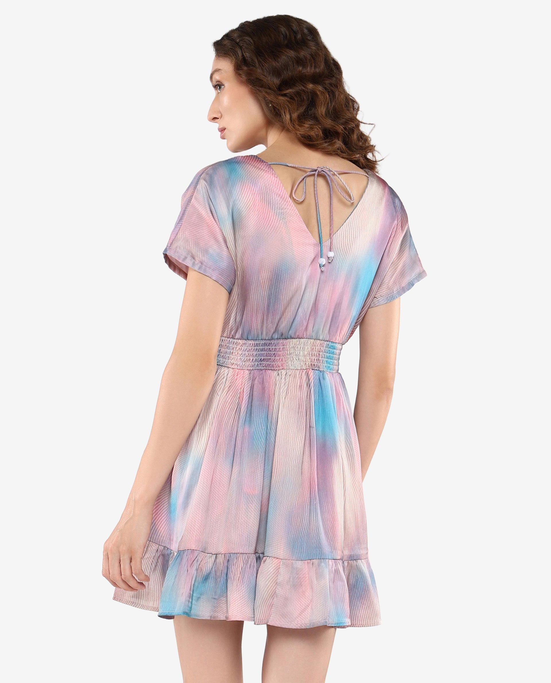 Rareism Women's Kobzy Multi Polyester V-Neck Abstract Print Extended Sleeves Knee Length Fit And Flare Dress