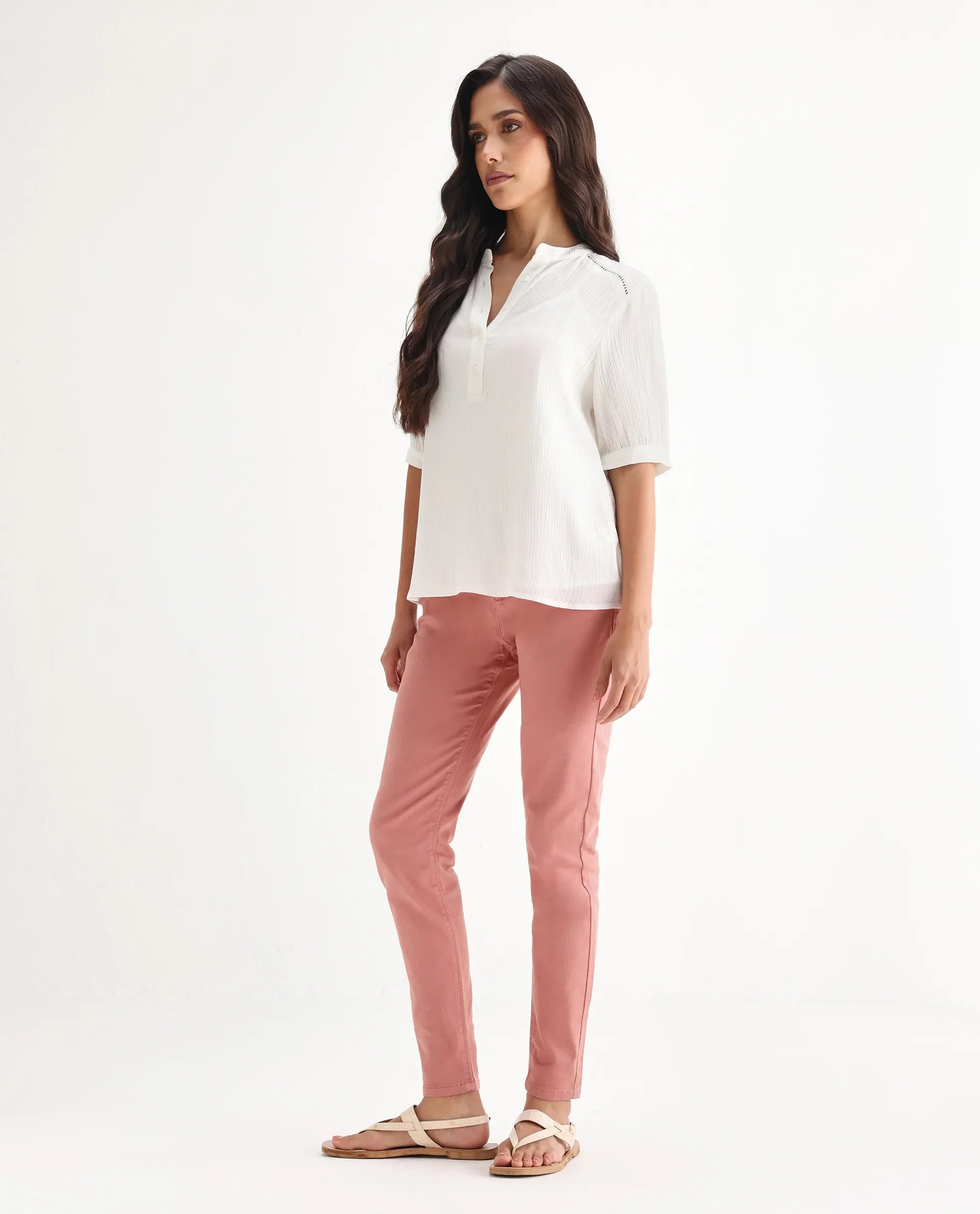 Rareism Women's Kocho Pink Cotton Blend Plain Ankle Length Slim Fit Jeans