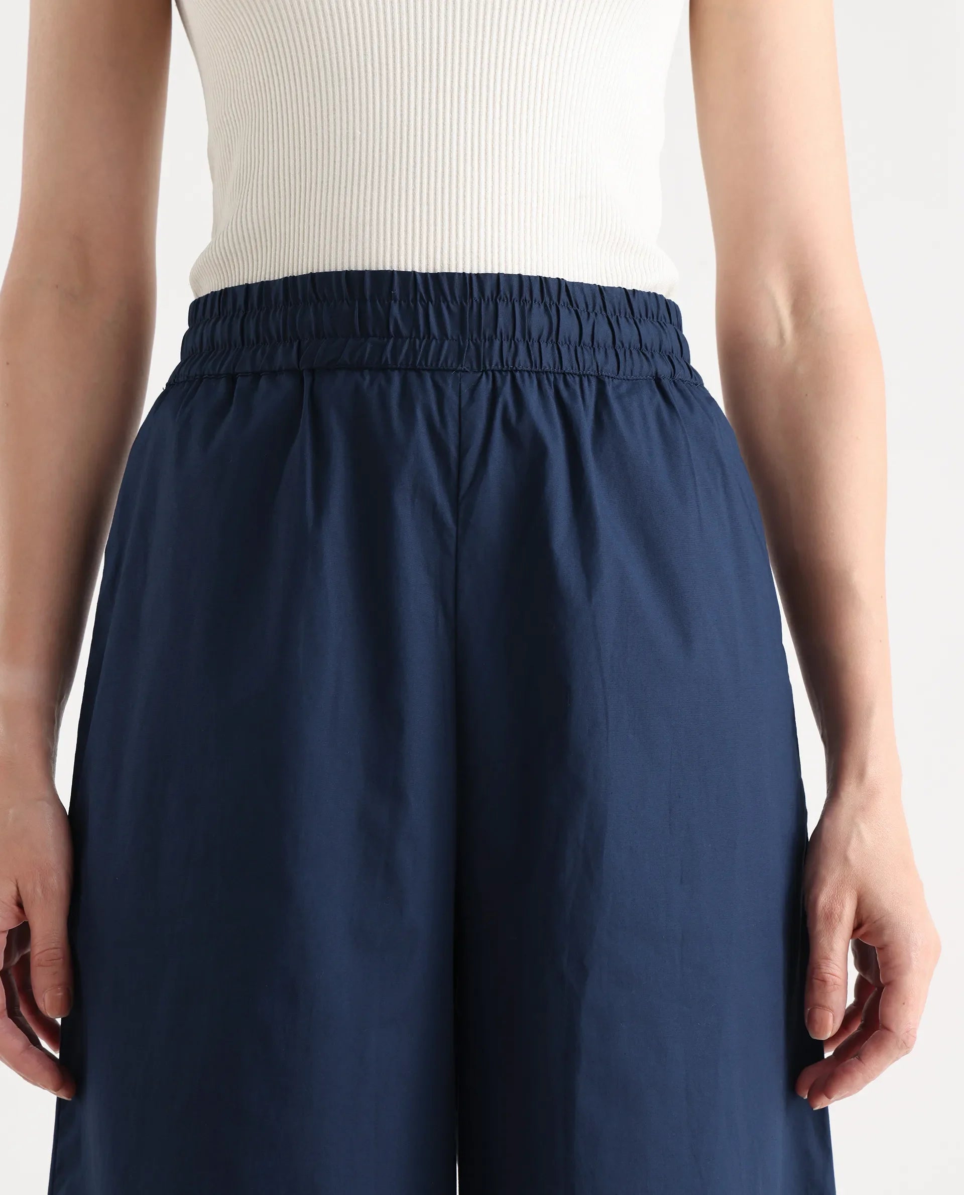 Rareism Women's Kofu Dark Navy Cotton Plain Ankle Length Flared Trouser