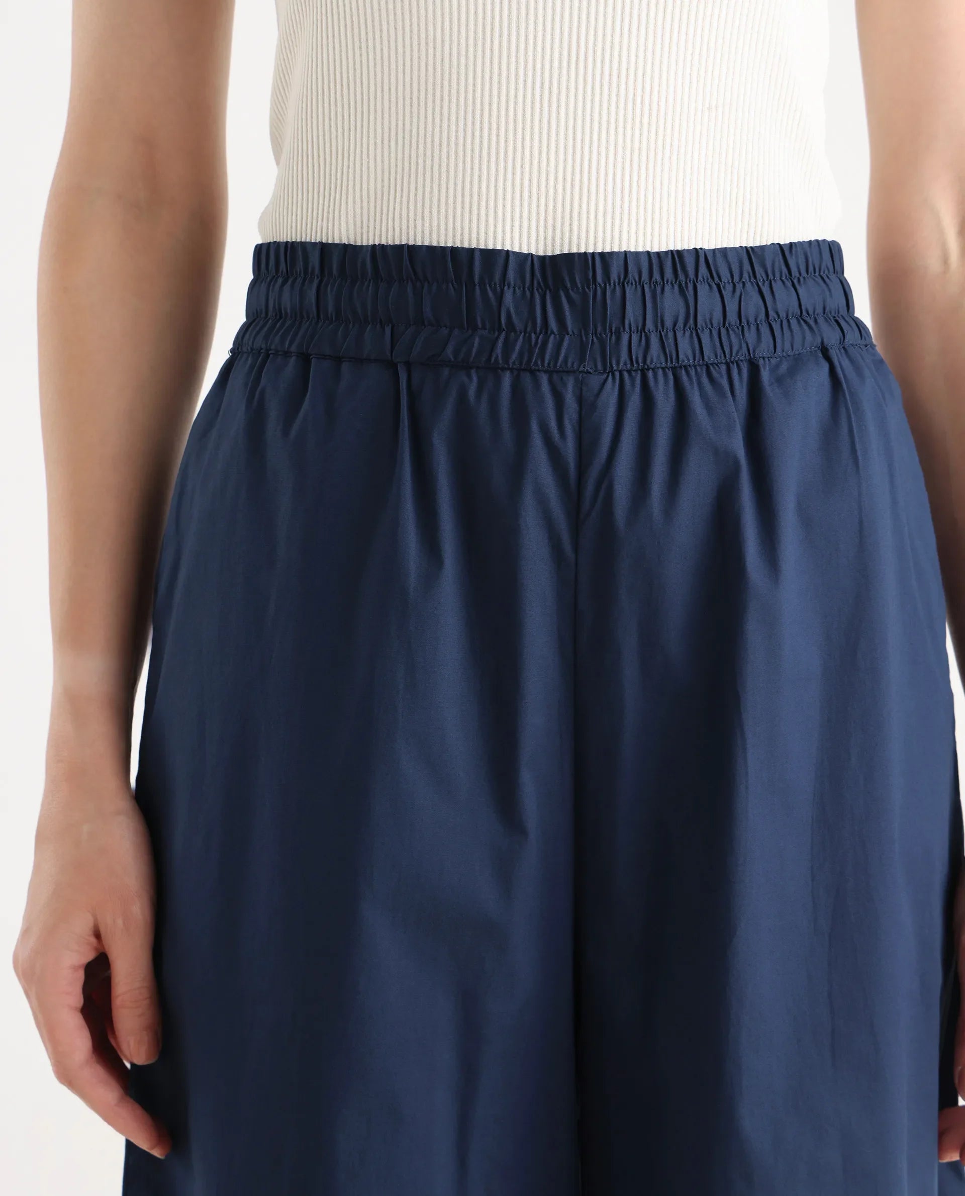 Rareism Women's Kofu Dark Navy Cotton Plain Ankle Length Flared Trouser