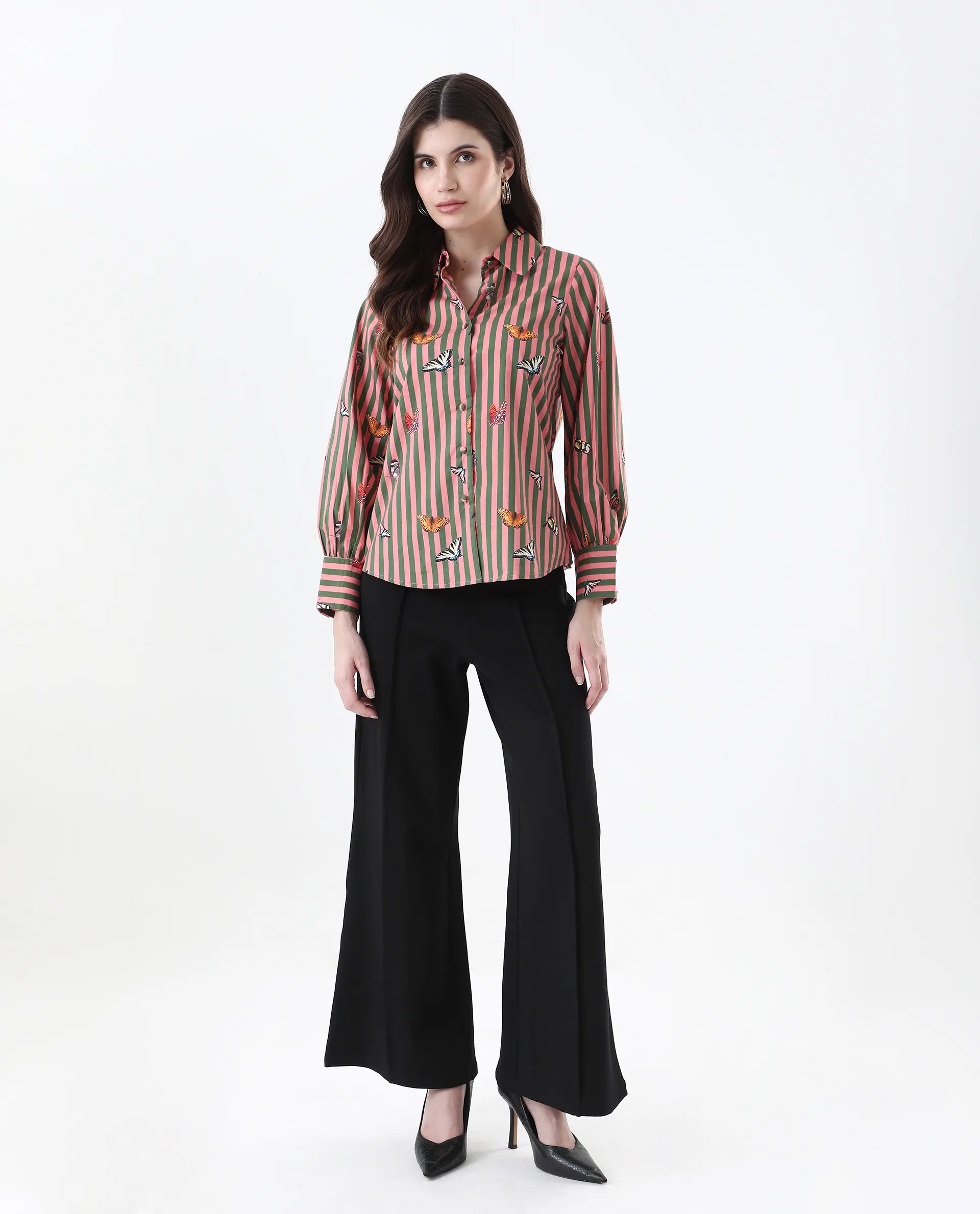 Rareism Women's Kolvo Multi Cotton Spread Collar Striped Bishop Sleeve Regular Fit Top