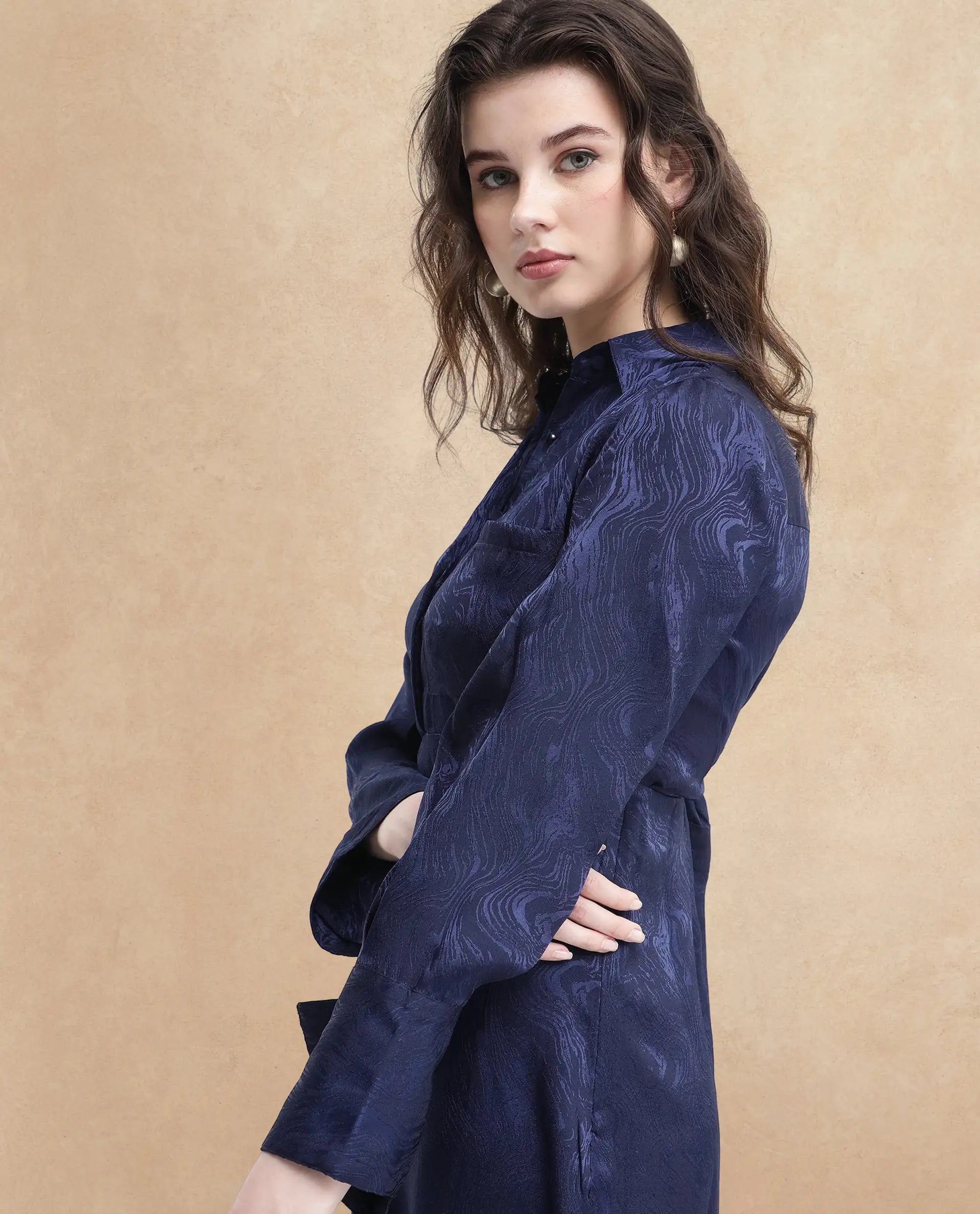 Rareism Women's Kono Navy Polyester Drop Collar Plain Cuffed Sleeve Midi Fit And Flare Dress