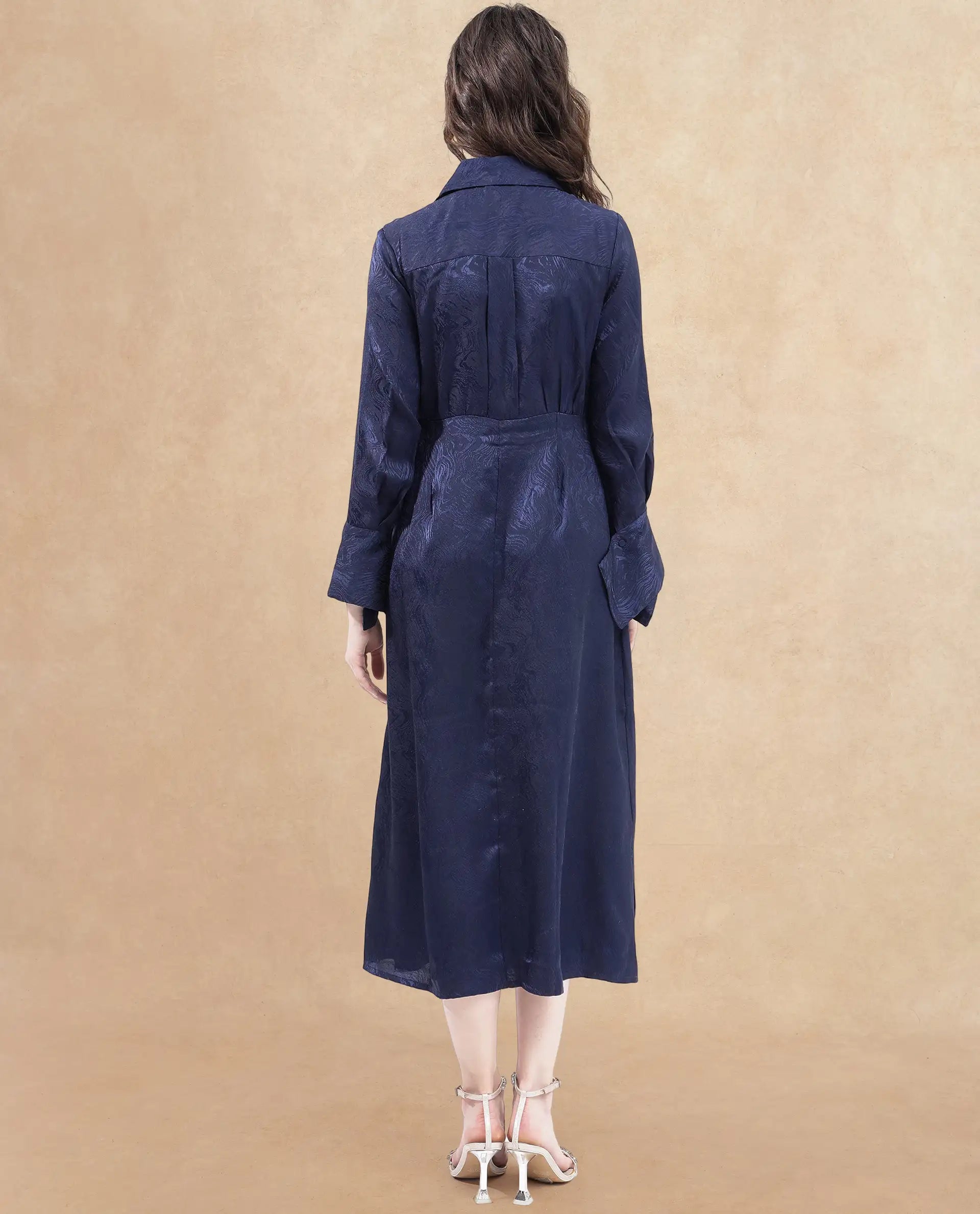 Rareism Women's Kono Navy Polyester Drop Collar Plain Cuffed Sleeve Midi Fit And Flare Dress