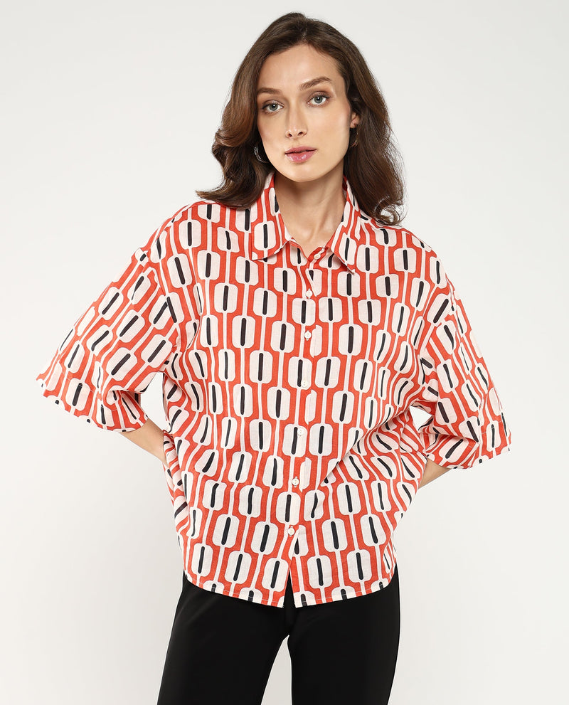 Rareism Women Koor Multi Geometric Print Collared Neck Button Closure Geometric Print Shirt