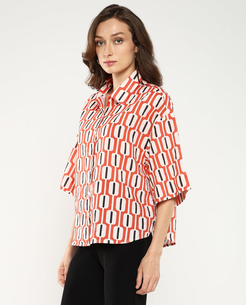 Rareism Women Koor Multi Geometric Print Collared Neck Button Closure Geometric Print Shirt