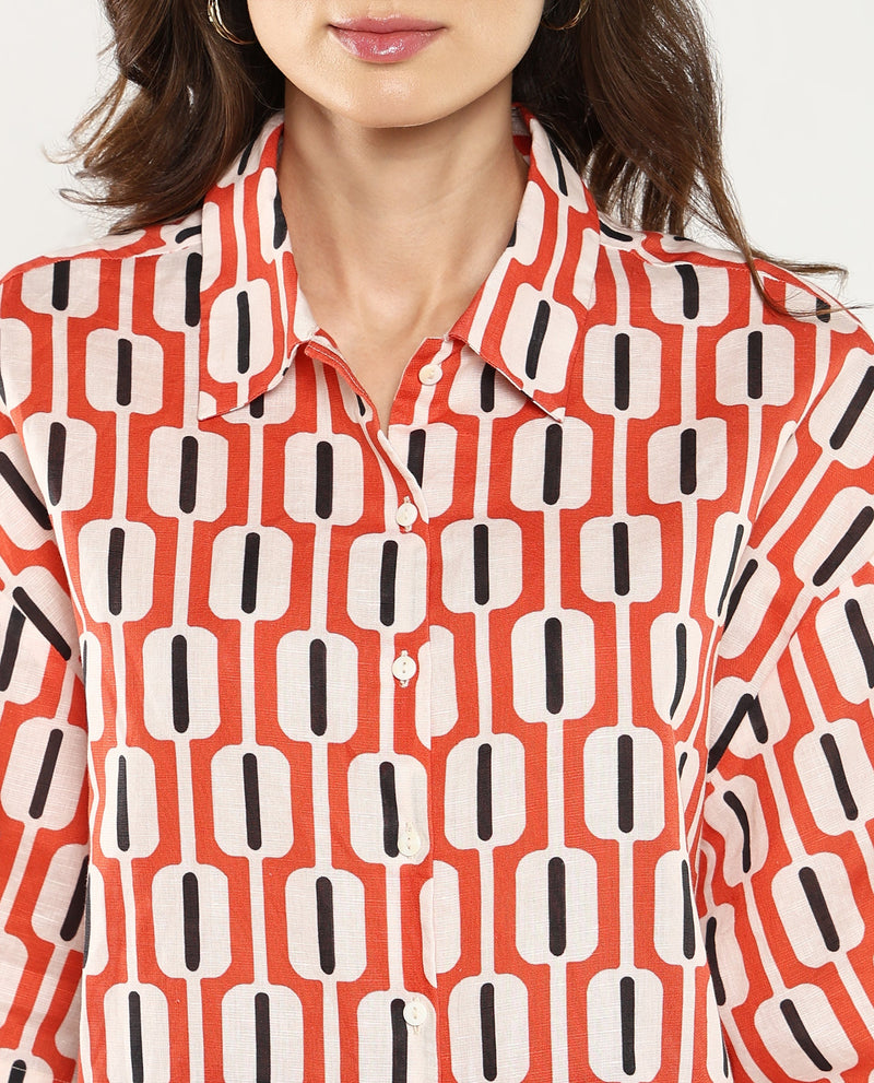 Rareism Women Koor Multi Geometric Print Collared Neck Button Closure Geometric Print Shirt