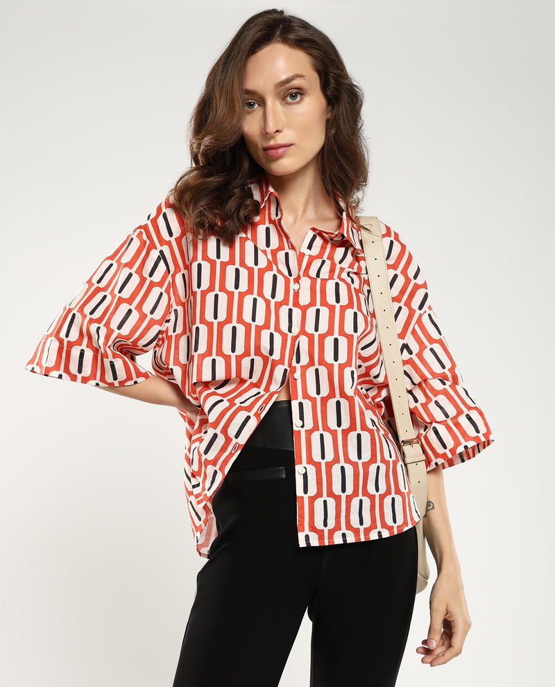 Rareism Women Koor Multi Geometric Print Collared Neck Button Closure Geometric Print Shirt