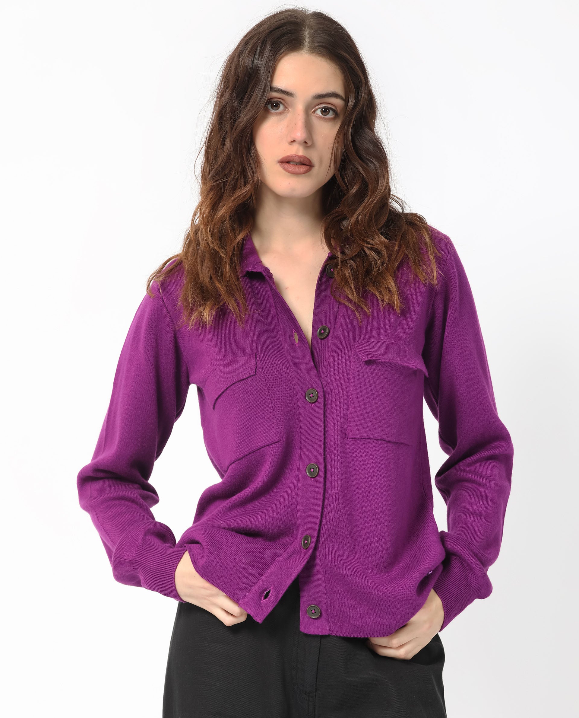 Rareism Women s Korn Purple Viscose Fabric Full Sleeves Button