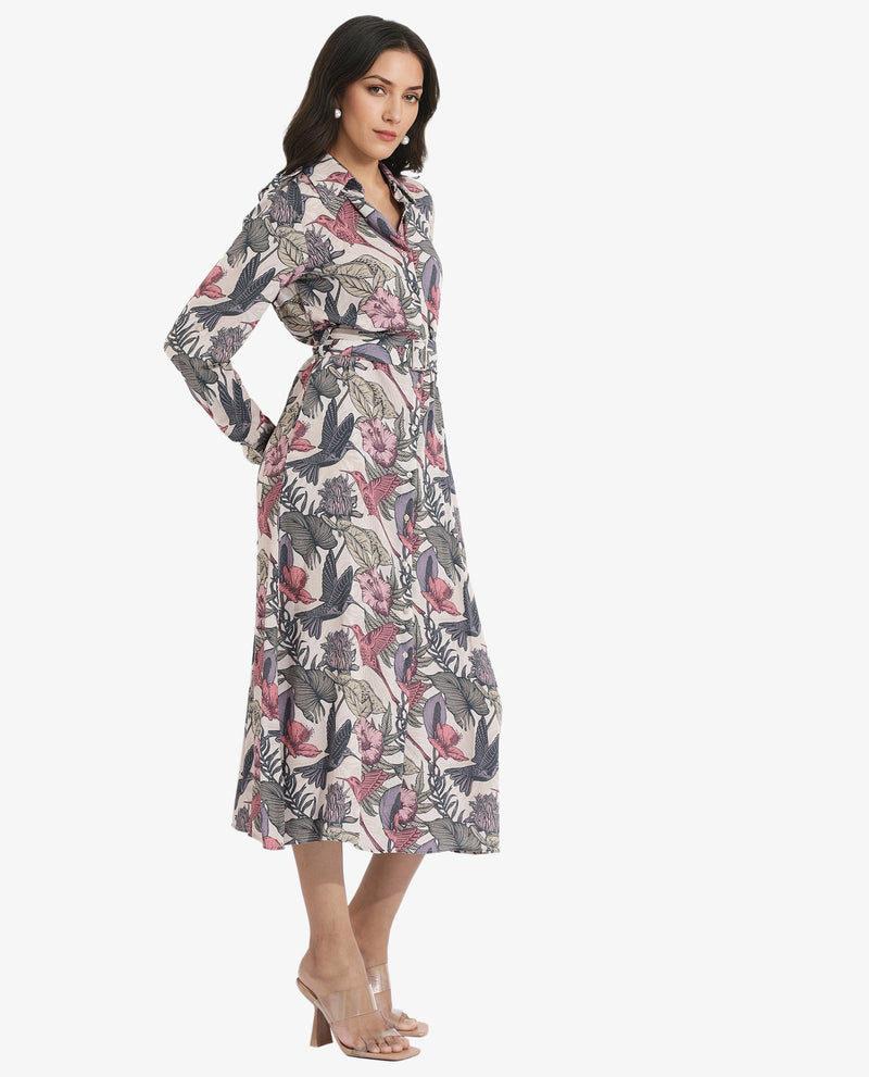 Rareism Women Korean Multi Cuffed Sleeve Collared Neck  Fit And Flare Maxi Abstract Print Dress