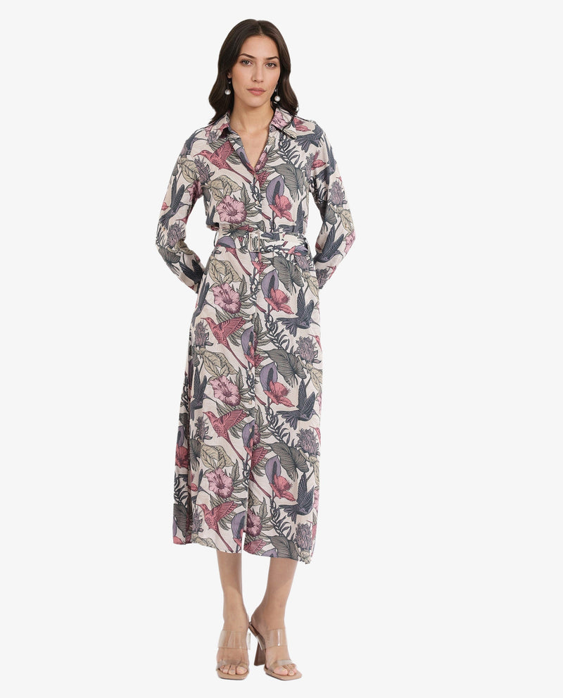 Rareism Women Korean Multi Cuffed Sleeve Collared Neck  Fit And Flare Maxi Abstract Print Dress