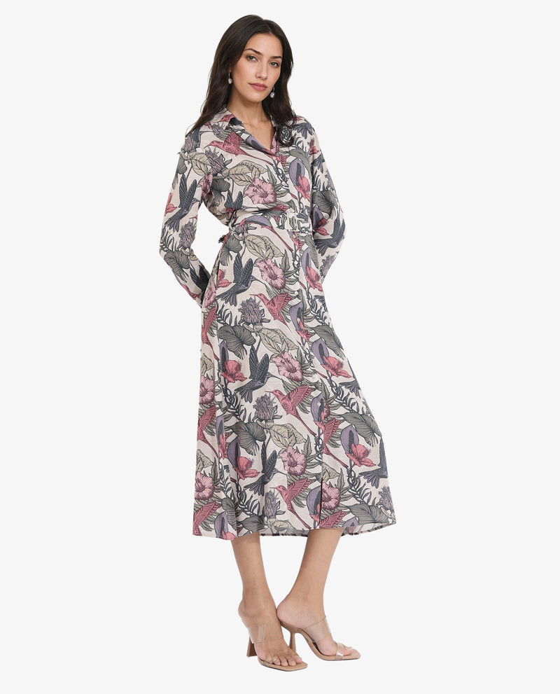 Rareism Women Korean Multi Cuffed Sleeve Collared Neck  Fit And Flare Maxi Abstract Print Dress