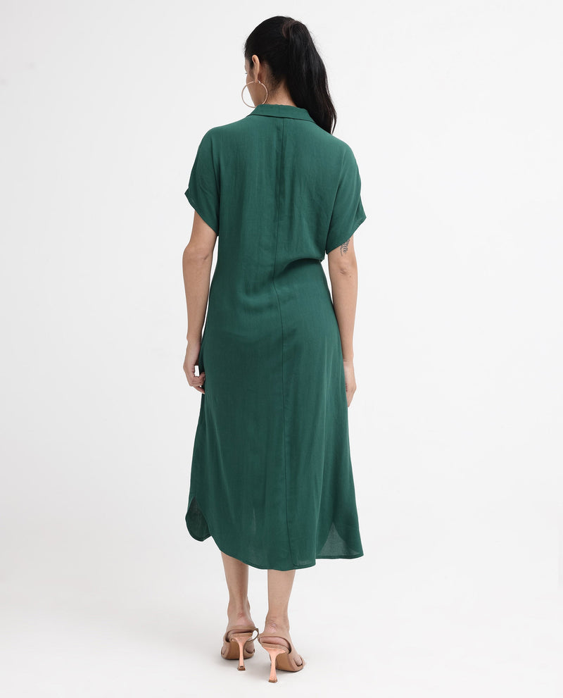 Rareism Women Korian Dark Green Viscose Button Closure Extended Sleeves Collared Neck Relaxed Fit Plain Midi Dress