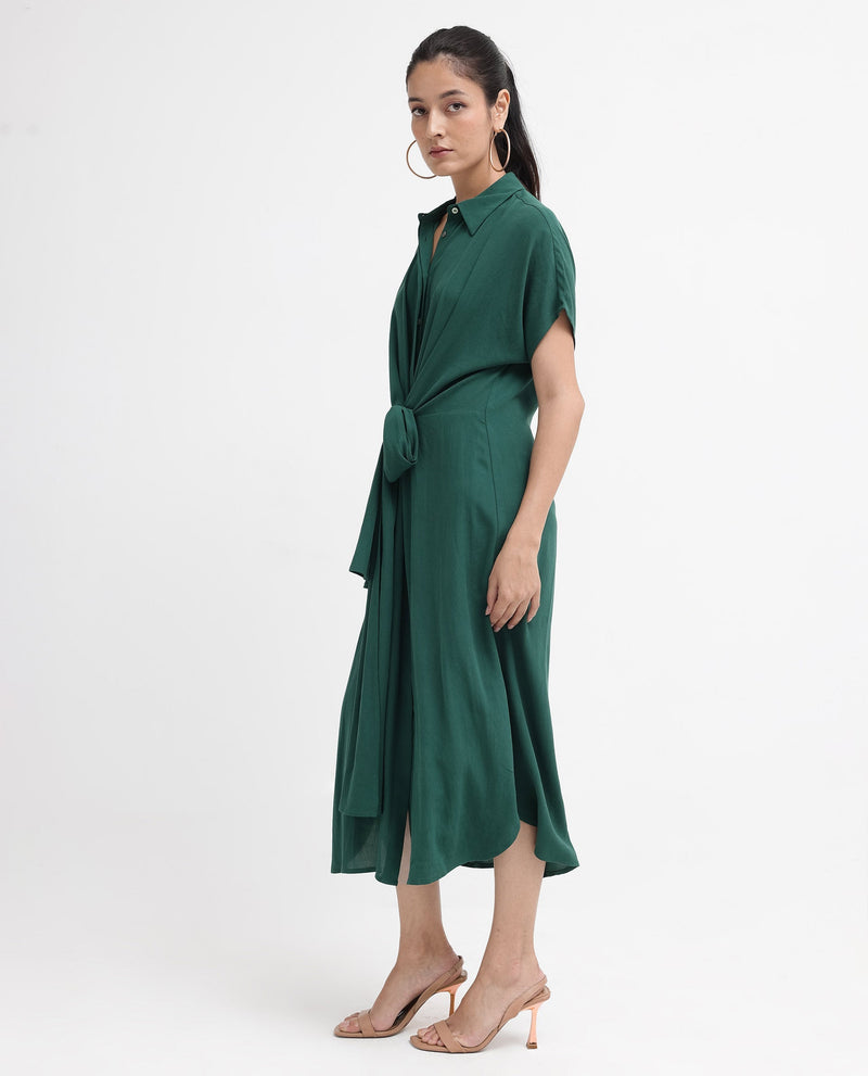 Rareism Women Korian Dark Green Viscose Button Closure Extended Sleeves Collared Neck Relaxed Fit Plain Midi Dress