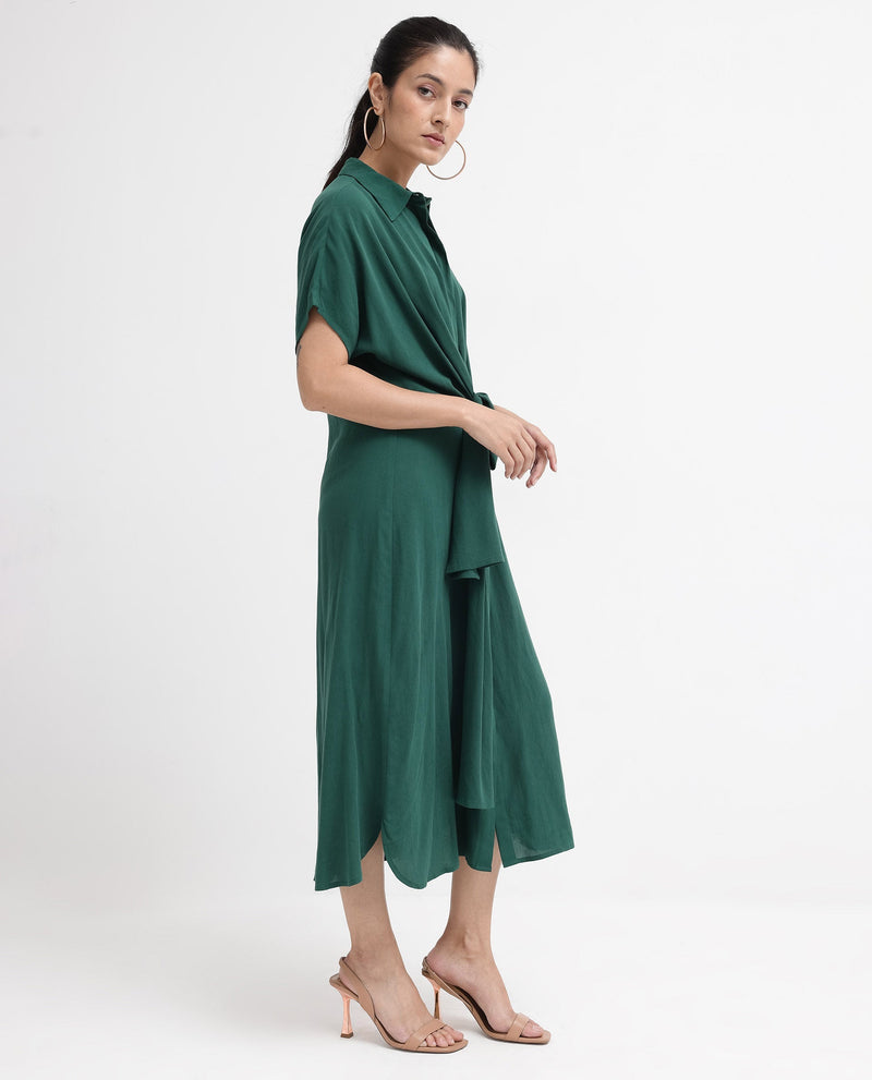 Rareism Women Korian Dark Green Viscose Button Closure Extended Sleeves Collared Neck Relaxed Fit Plain Midi Dress