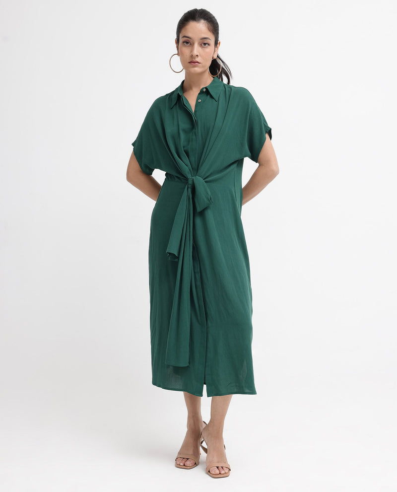 Rareism Women Korian Dark Green Viscose Button Closure Extended Sleeves Collared Neck Relaxed Fit Plain Midi Dress