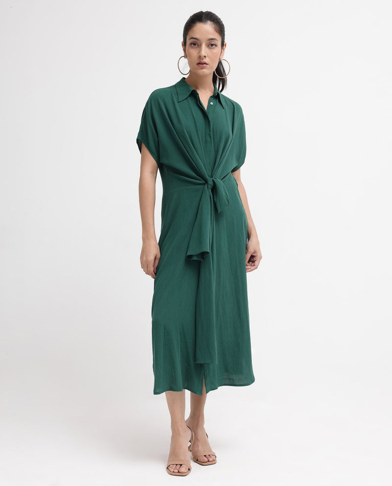 Rareism Women Korian Dark Green Viscose Button Closure Extended Sleeves Collared Neck Relaxed Fit Plain Midi Dress