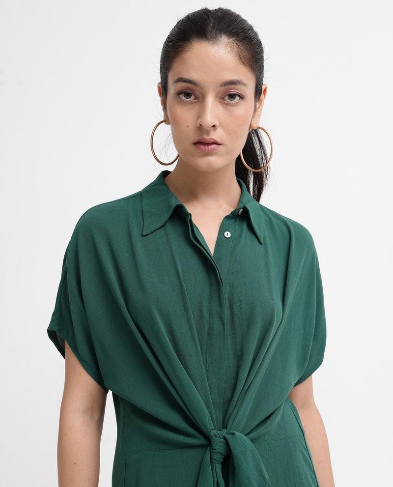 Rareism Women Korian Dark Green Viscose Button Closure Extended Sleeves Collared Neck Relaxed Fit Plain Midi Dress