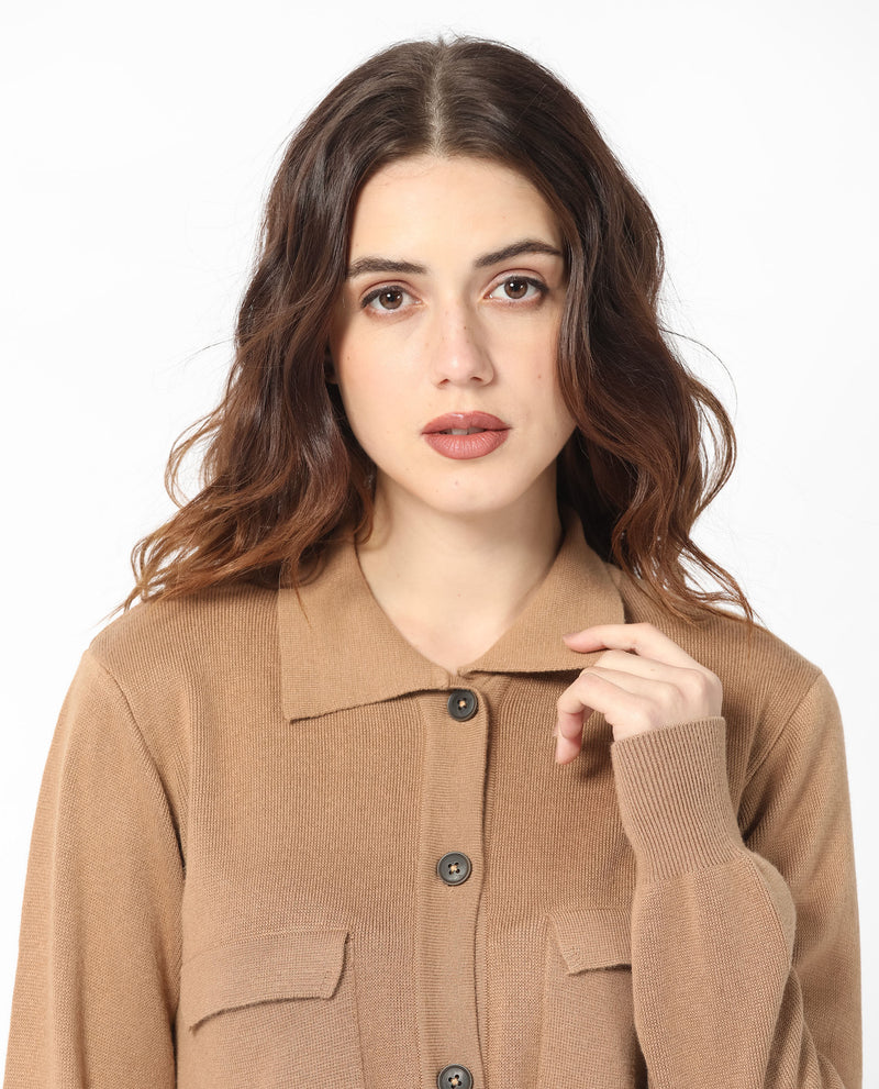 Rareism Women'S Korn Dark Beige Viscose Fabric Full Sleeves Regular Fit Solid Shirt Collar Sweater