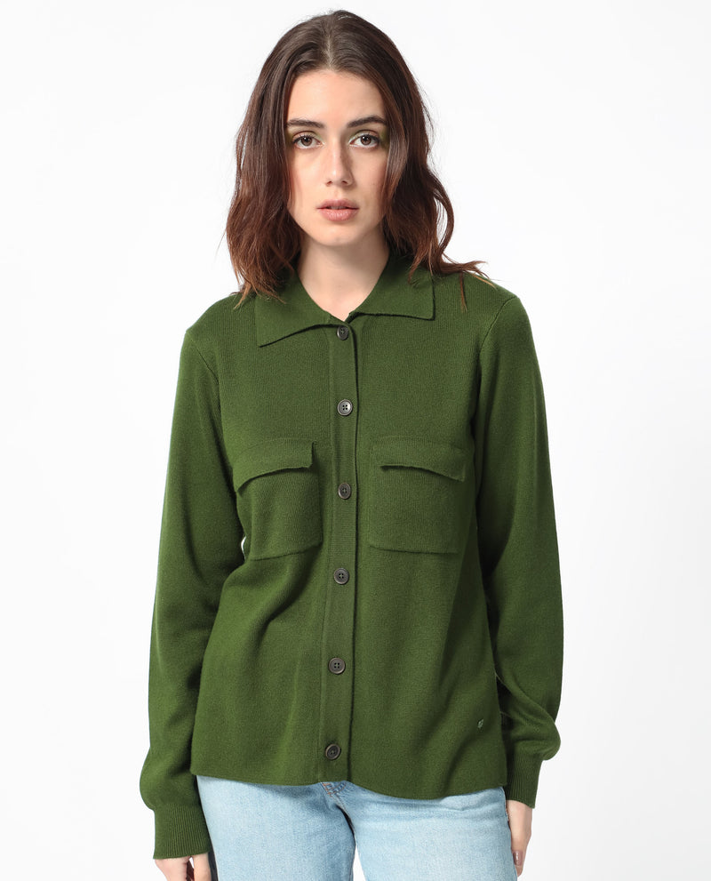 Rareism Women'S Korn Green Viscose Fabric Full Sleeves Regular Fit Solid Shirt Collar Sweater