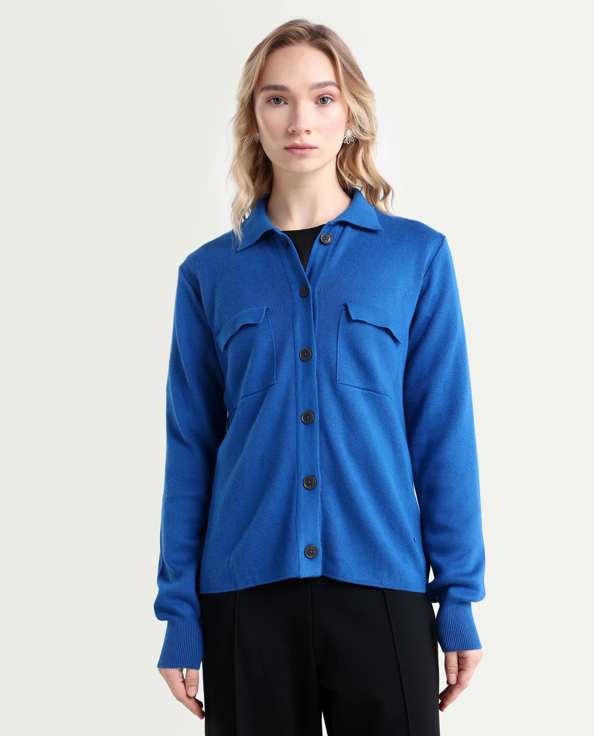 Rareism Women's Korn Blue Viscose Spread Collar Plain Regular Fit Sweater