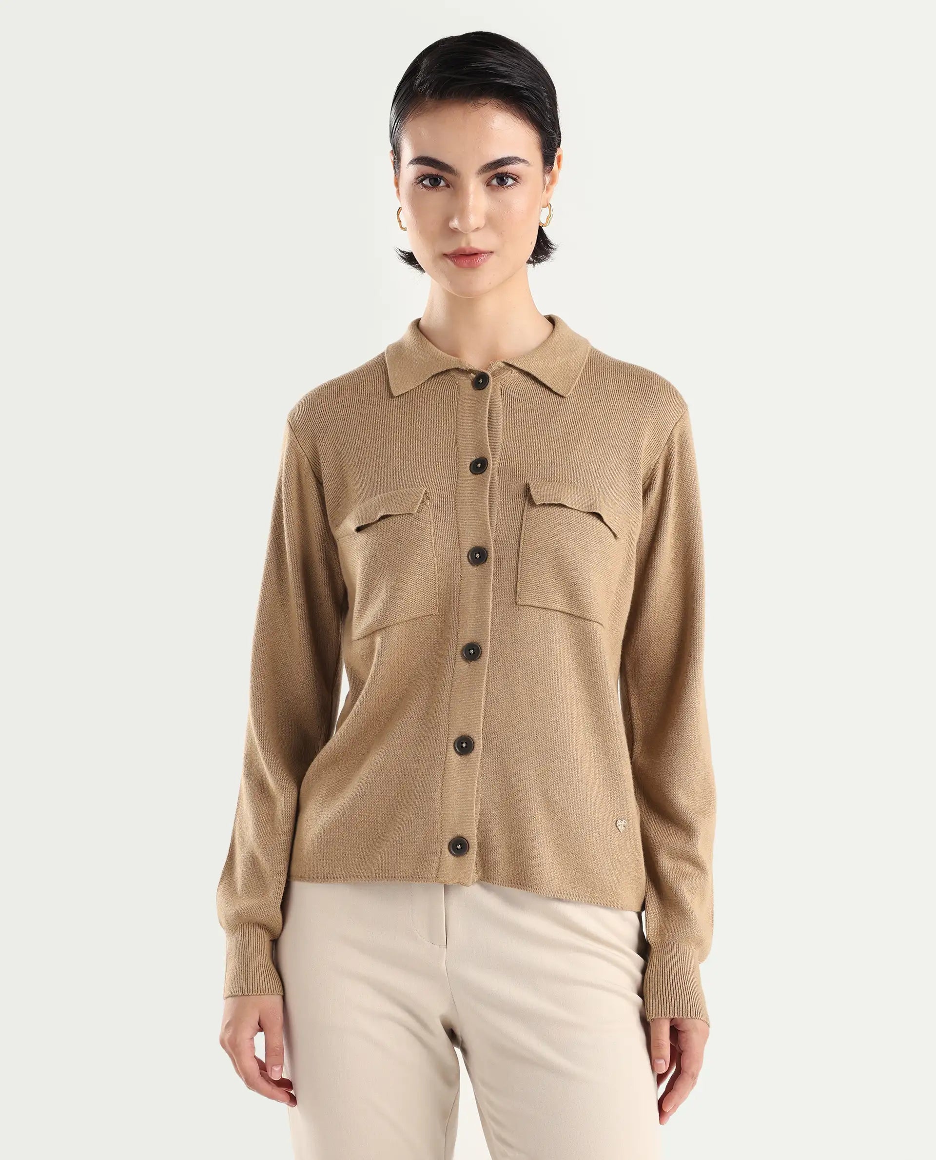Rareism Women's Korn Dark Beige Viscose Spread Collar Plain Regular Fit Sweater