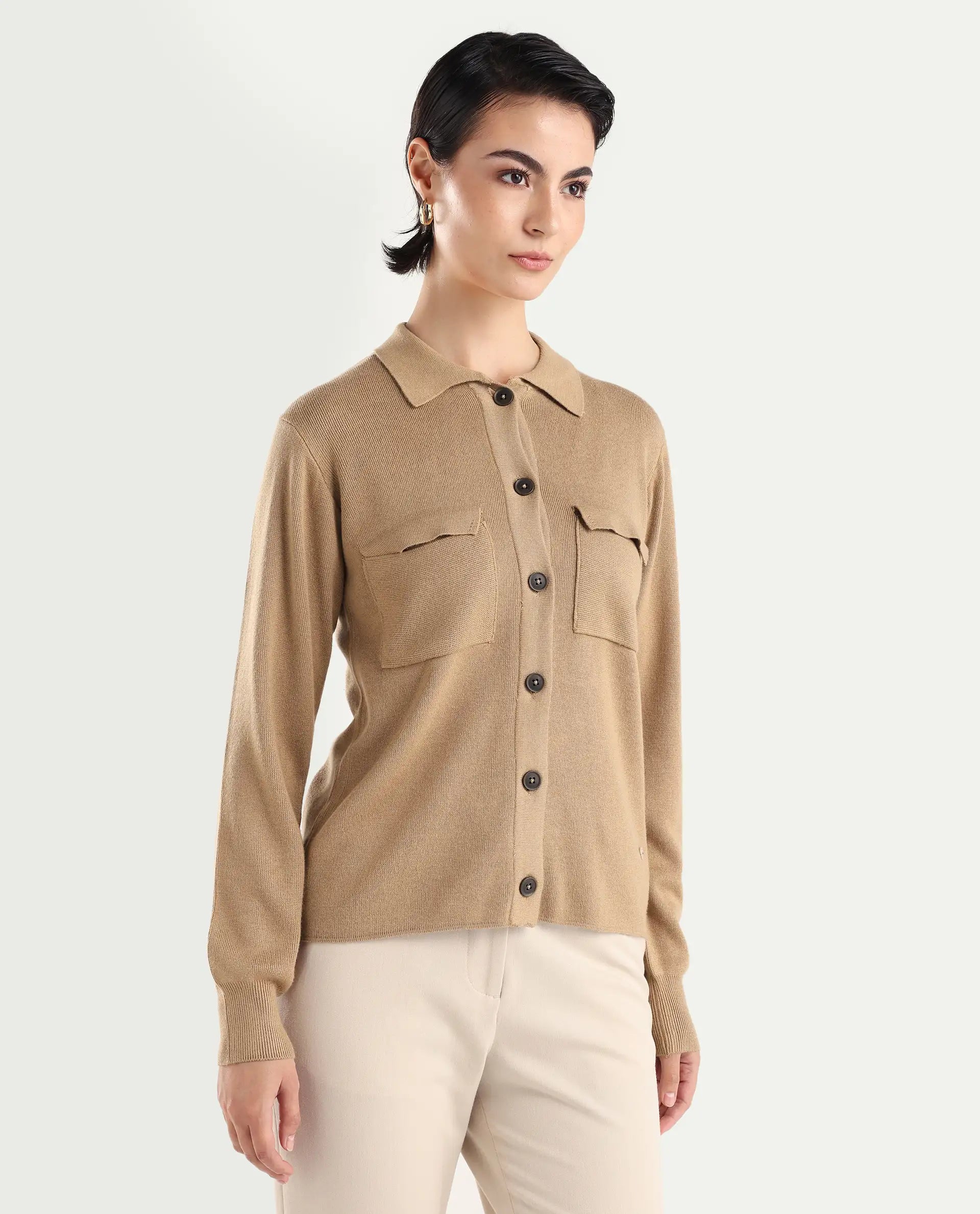 Rareism Women's Korn Dark Beige Viscose Spread Collar Plain Regular Fit Sweater