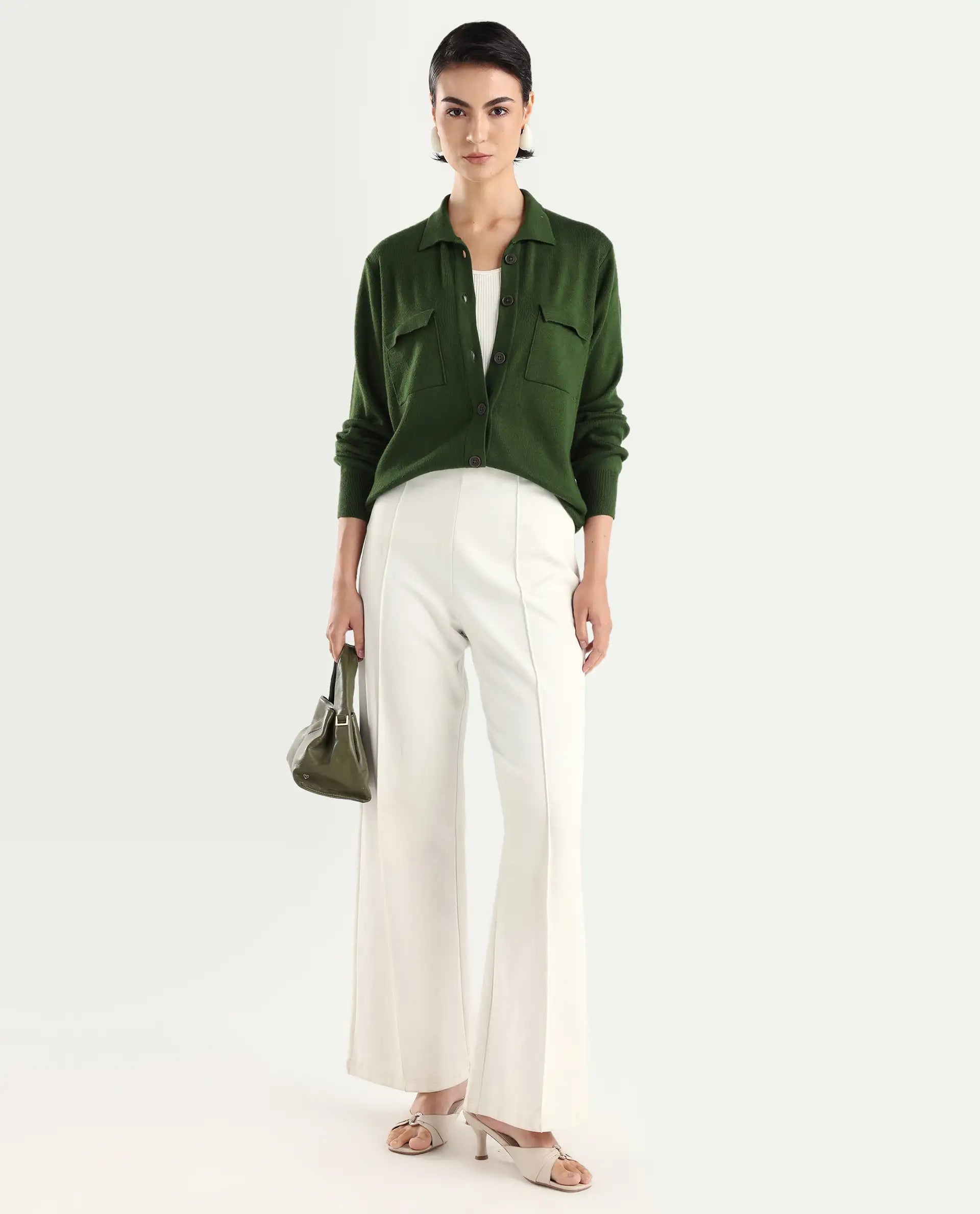 Rareism Women's Korn Green Viscose Spread Collar Plain Regular Fit Sweater