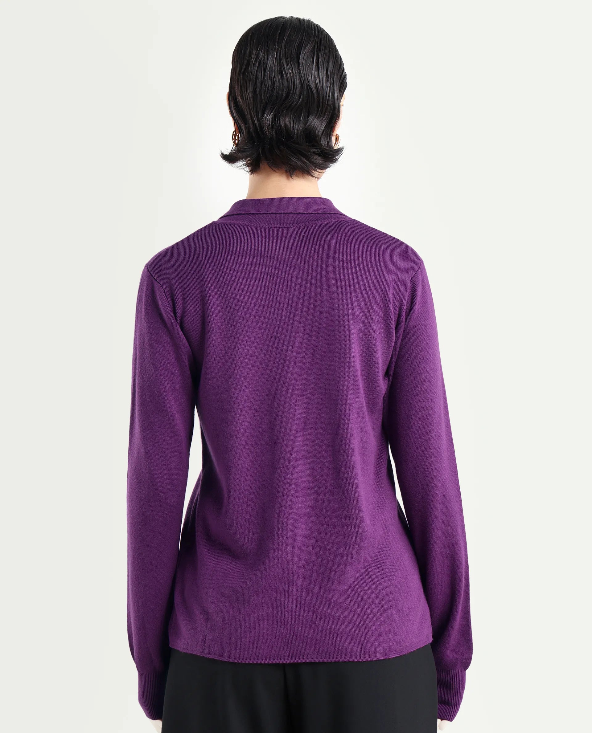 Rareism Women's Korn Purple Viscose Spread Collar Plain Regular Fit Sweater
