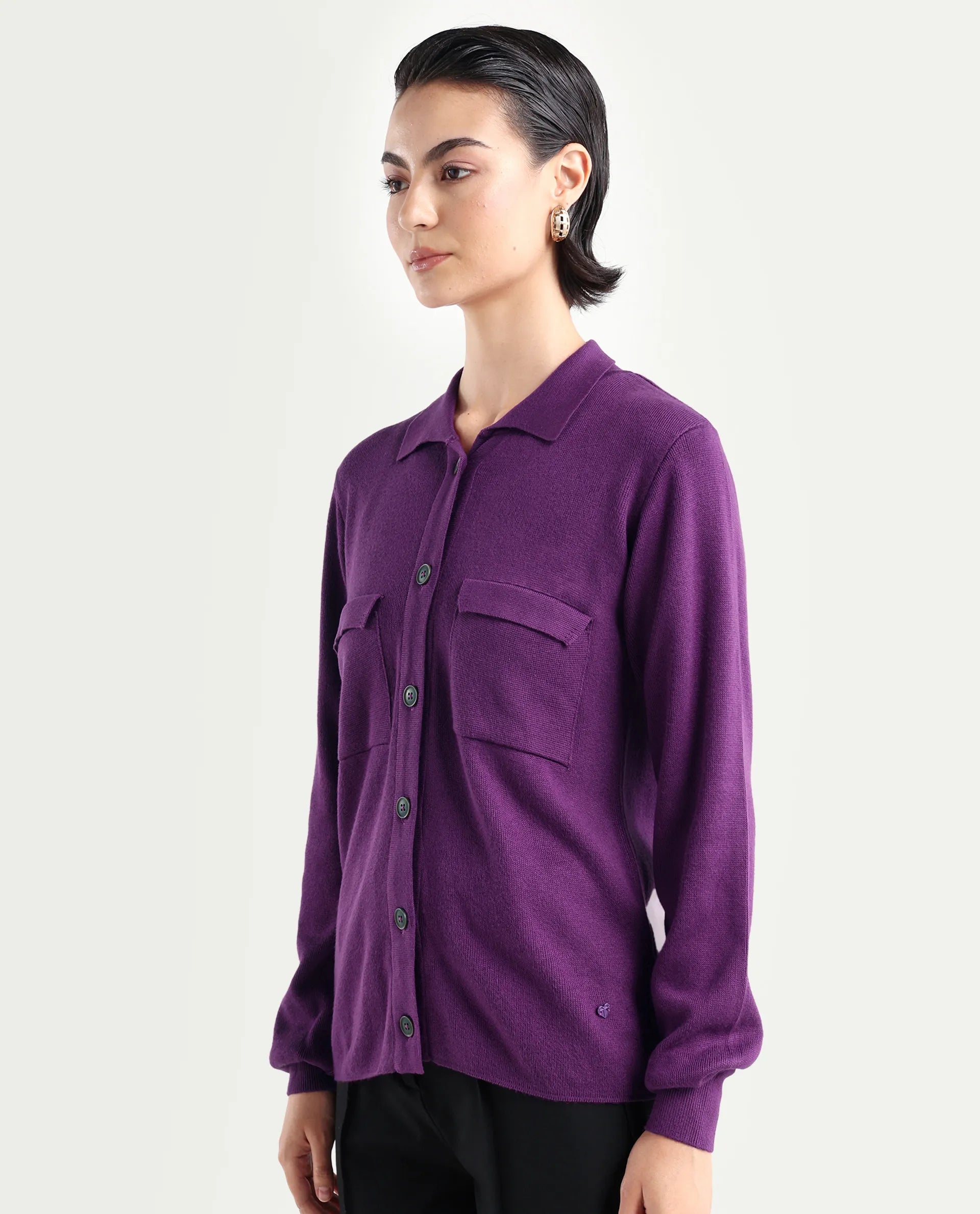 Rareism Women's Korn Purple Viscose Spread Collar Plain Regular Fit Sweater