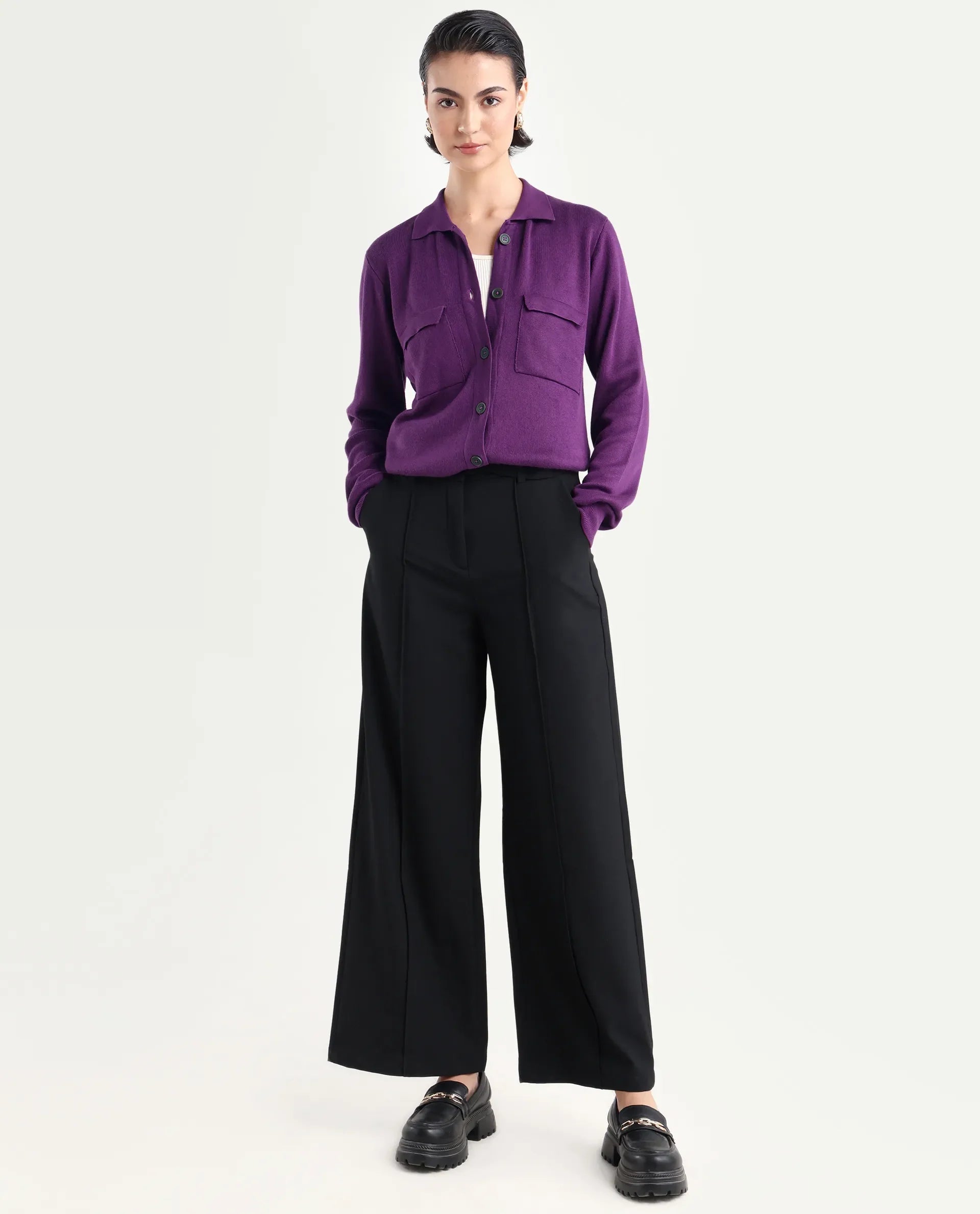 Rareism Women's Korn Purple Viscose Spread Collar Plain Regular Fit Sweater