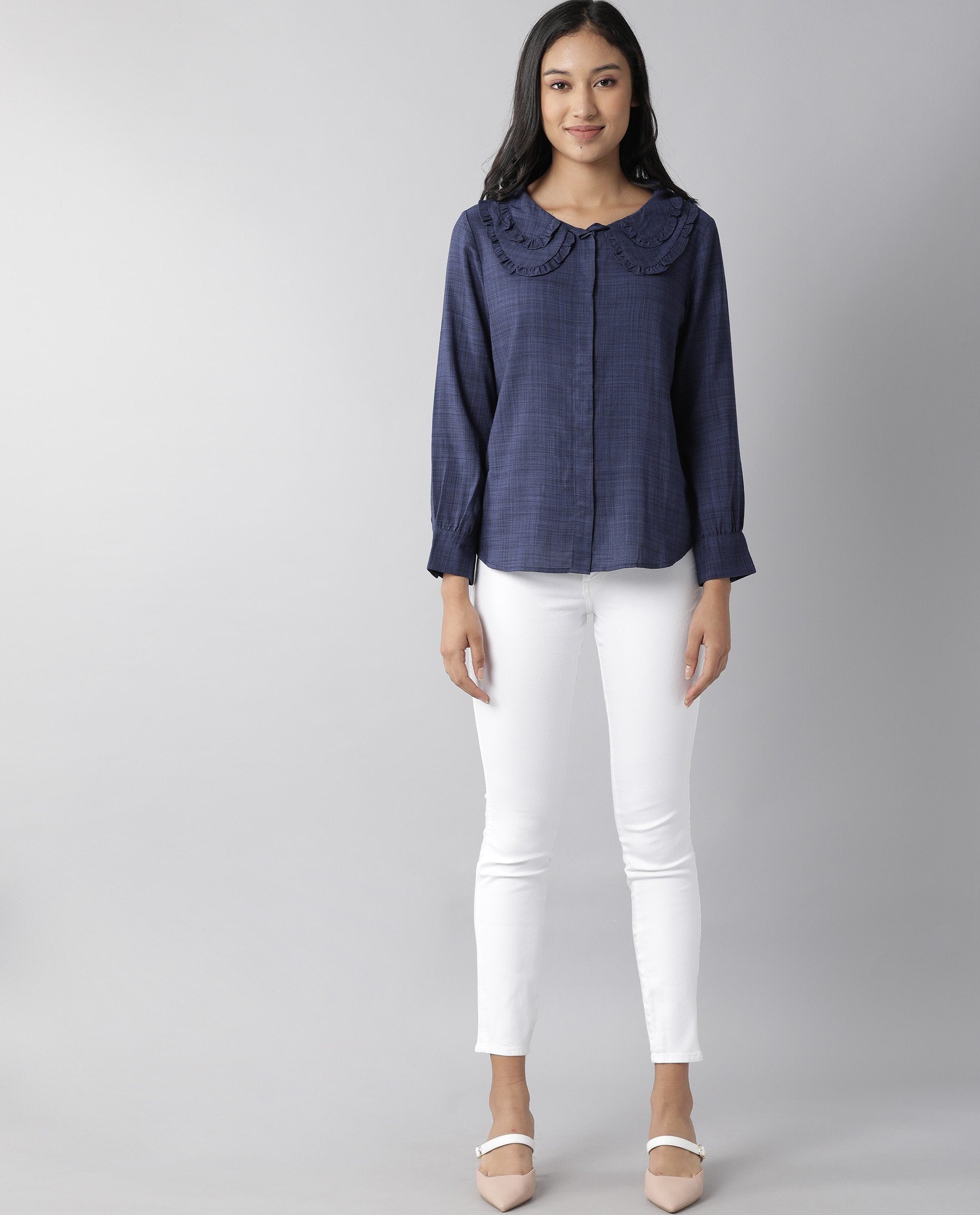 Rareism Women Kory Blue Top Full Sleeves Solid