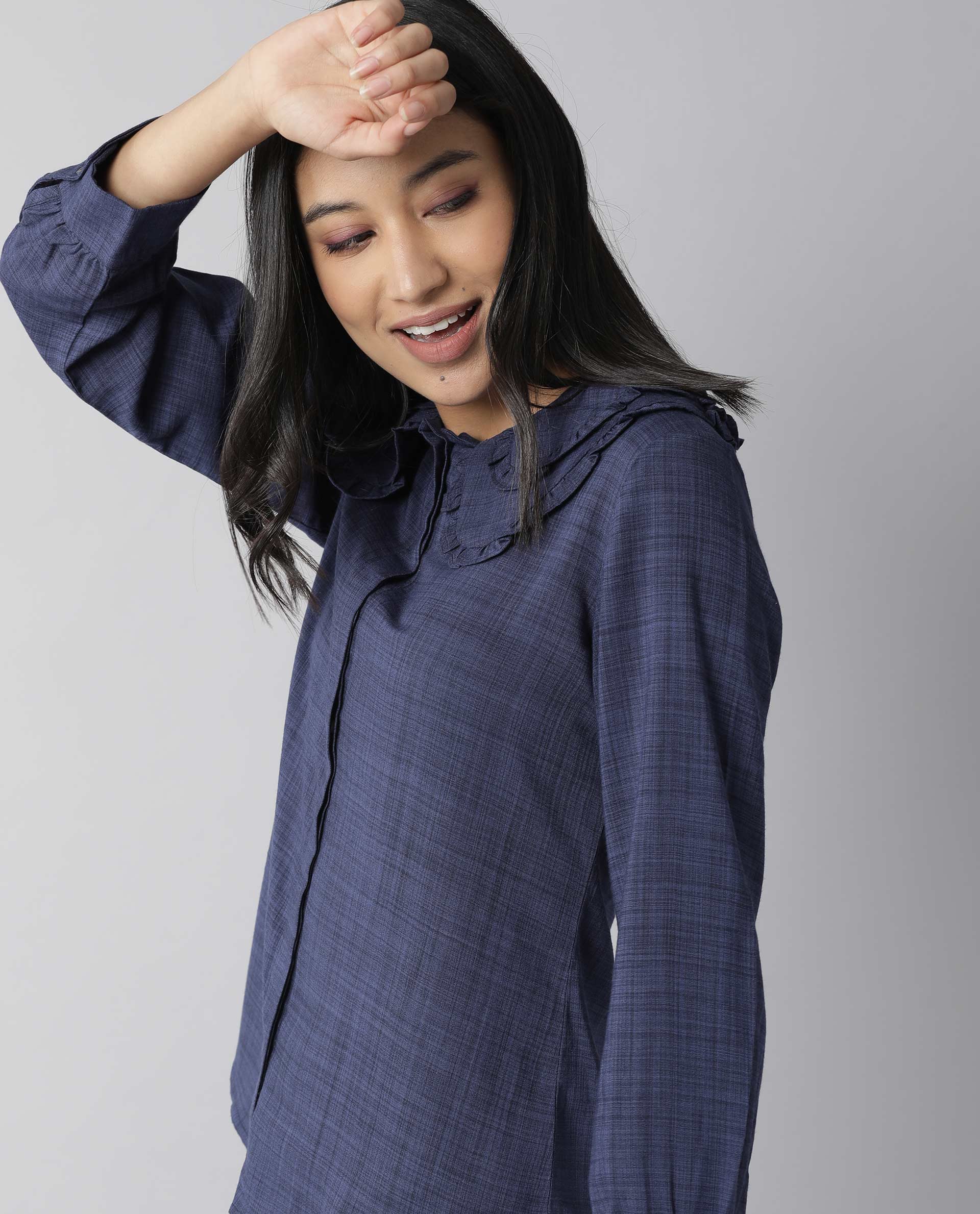 Rareism Women Kory Blue Top Full Sleeves Solid
