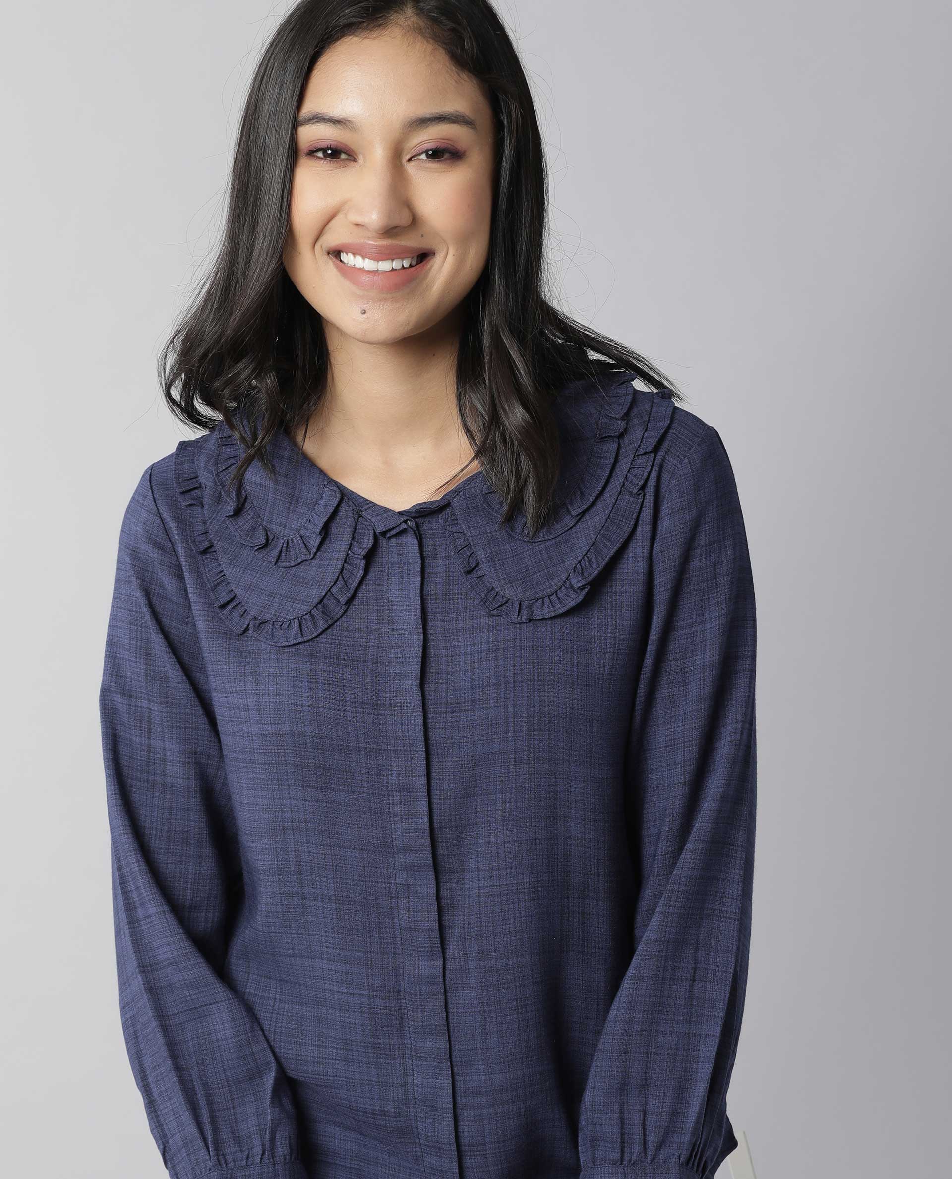 Rareism Women Kory Blue Top Full Sleeves Solid