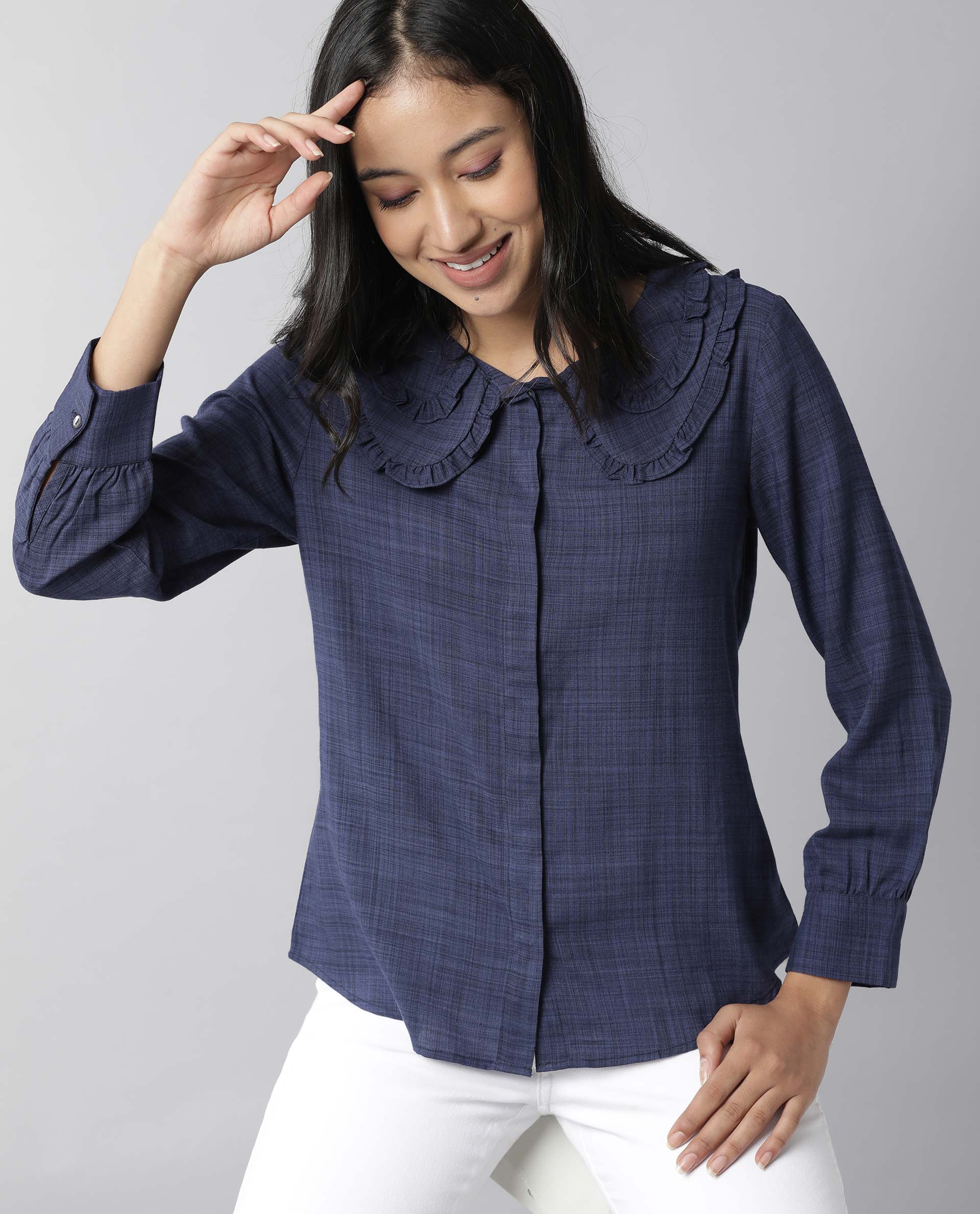 Rareism Women Kory Blue Top Full Sleeves Solid