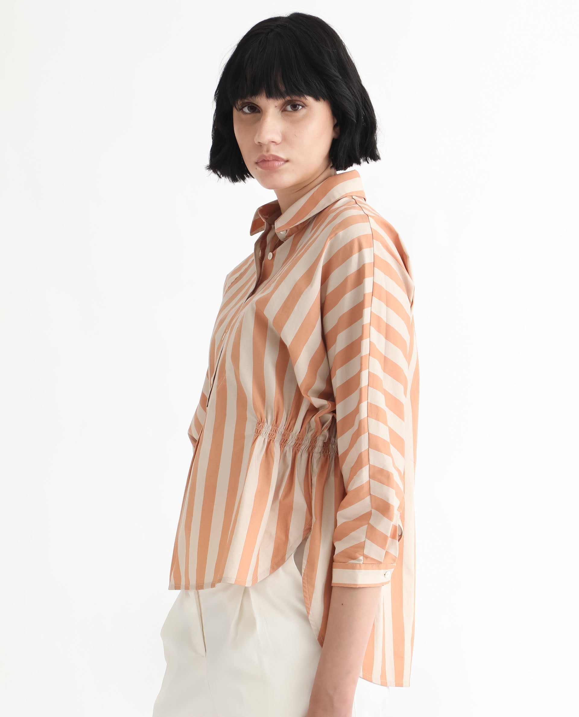 Rareism Women Kowski Dark Beige Cotton Lycra Fabric Regular Fit Shirt Collar Full Sleeves Striped Top