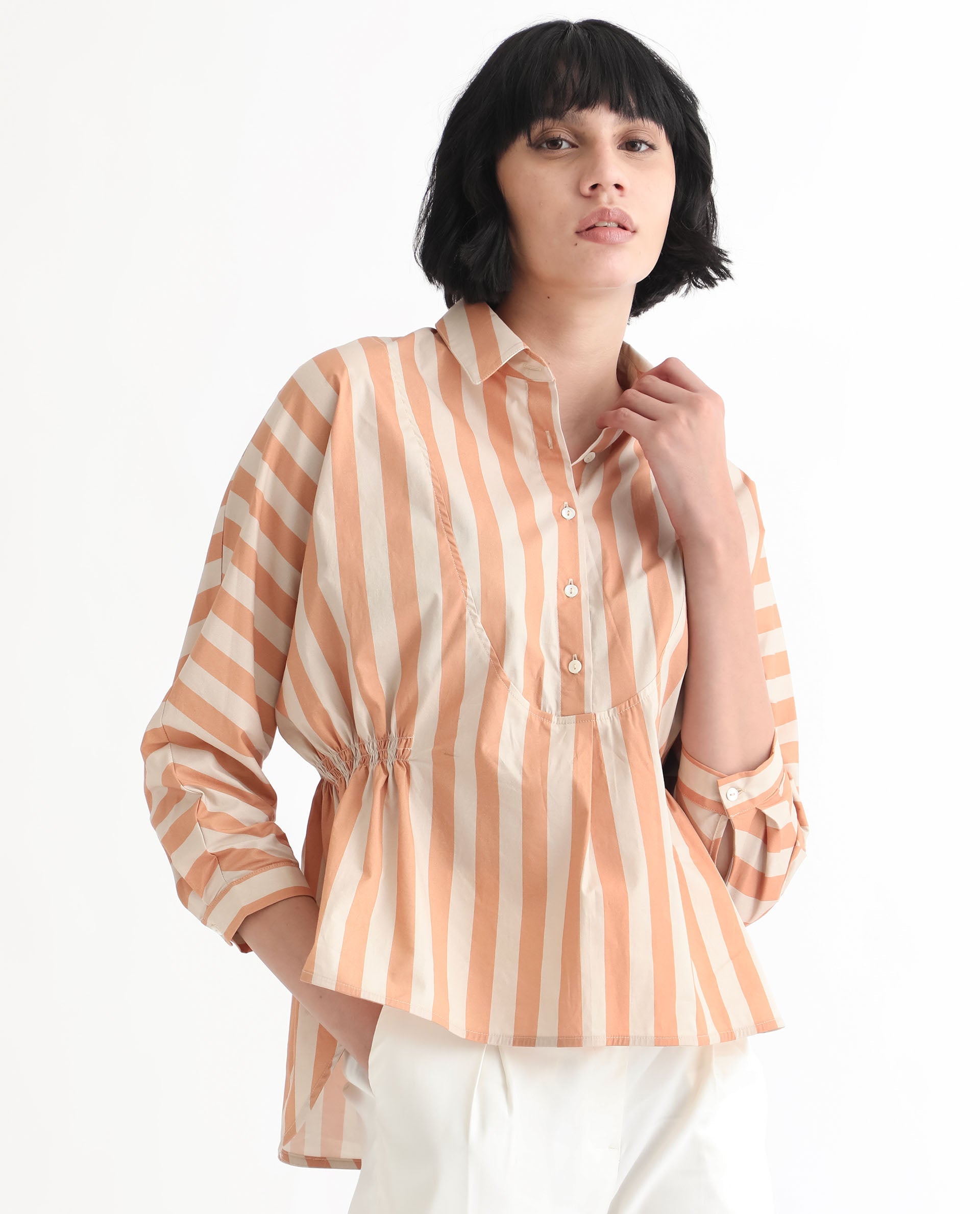 Rareism Women Kowski Dark Beige Cotton Lycra Fabric Regular Fit Shirt Collar Full Sleeves Striped Top