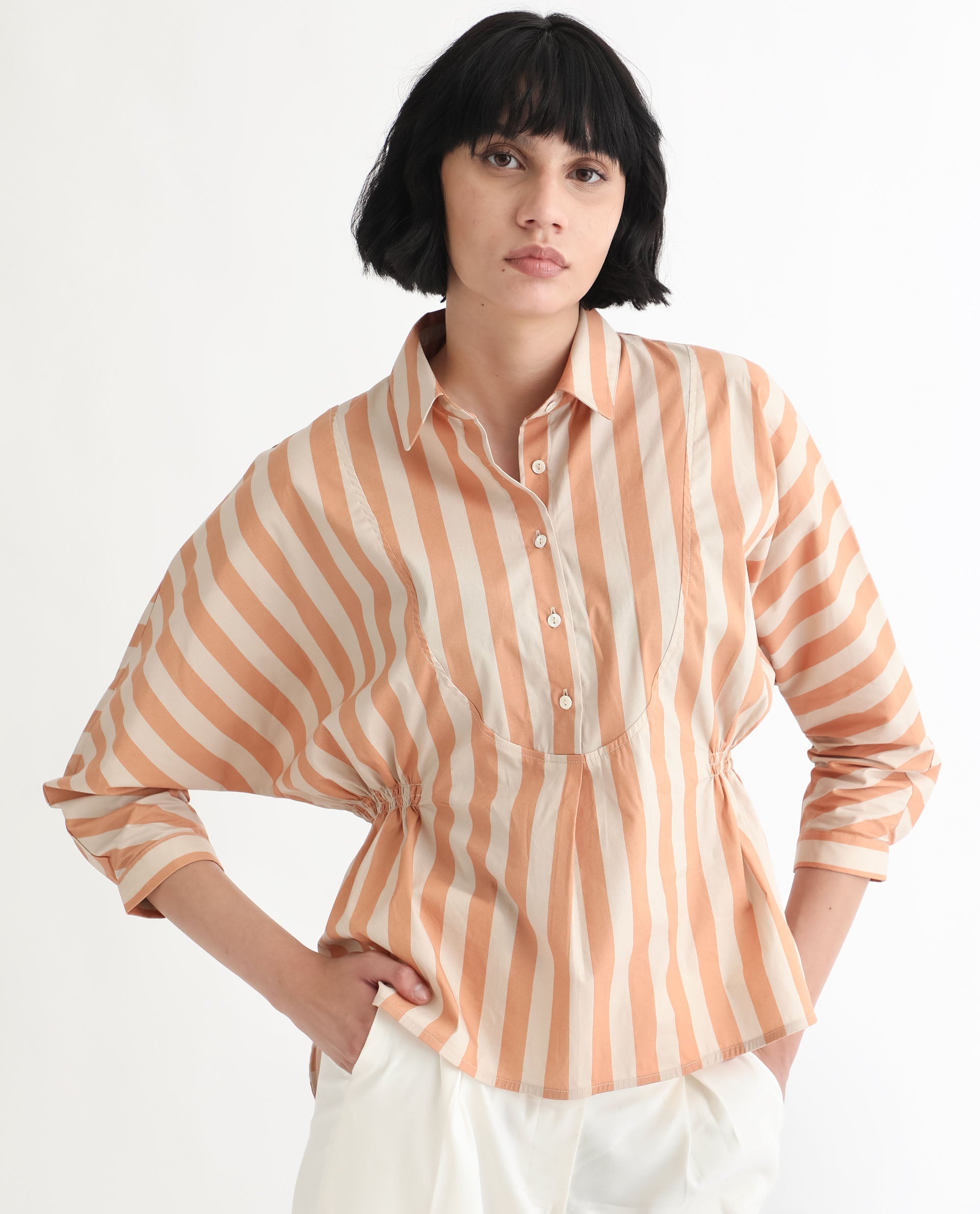 Rareism Women Kowski Dark Beige Cotton Lycra Fabric Regular Fit Shirt Collar Full Sleeves Striped Top