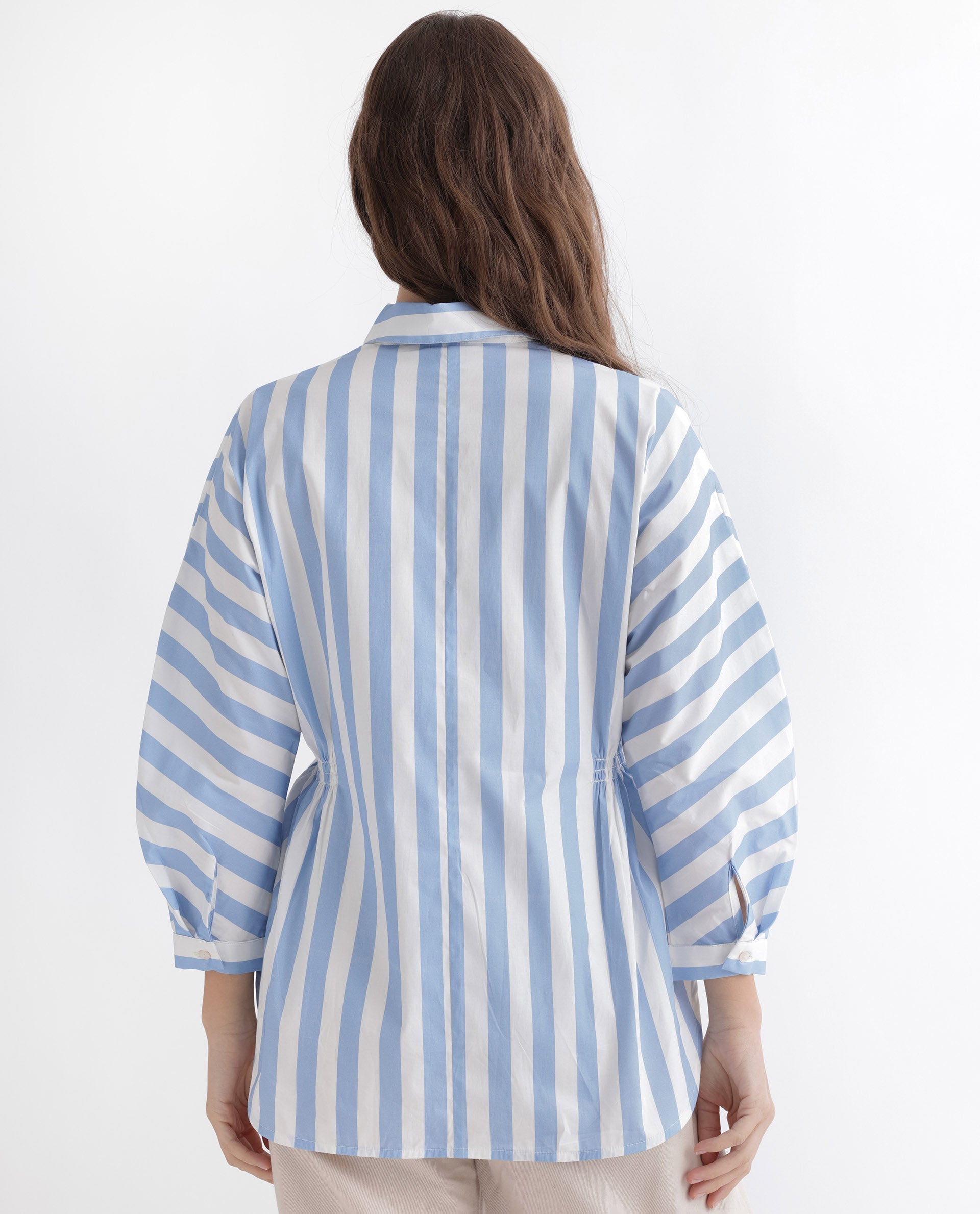 Rareism Women Kowski Blue Cotton Lycra Fabric Regular Fit Shirt Collar Full Sleeves Striped Top