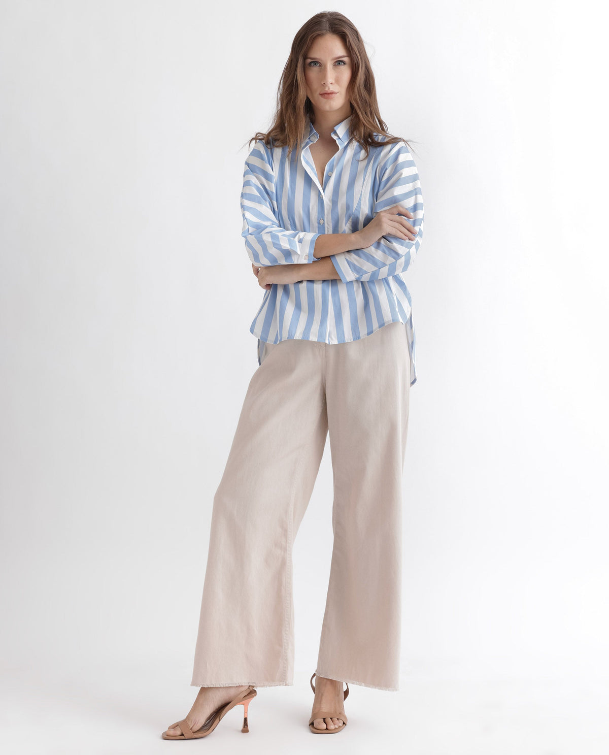 Rareism Women Kowski Blue Cotton Lycra Fabric Regular Fit Shirt Collar Full Sleeves Striped Top