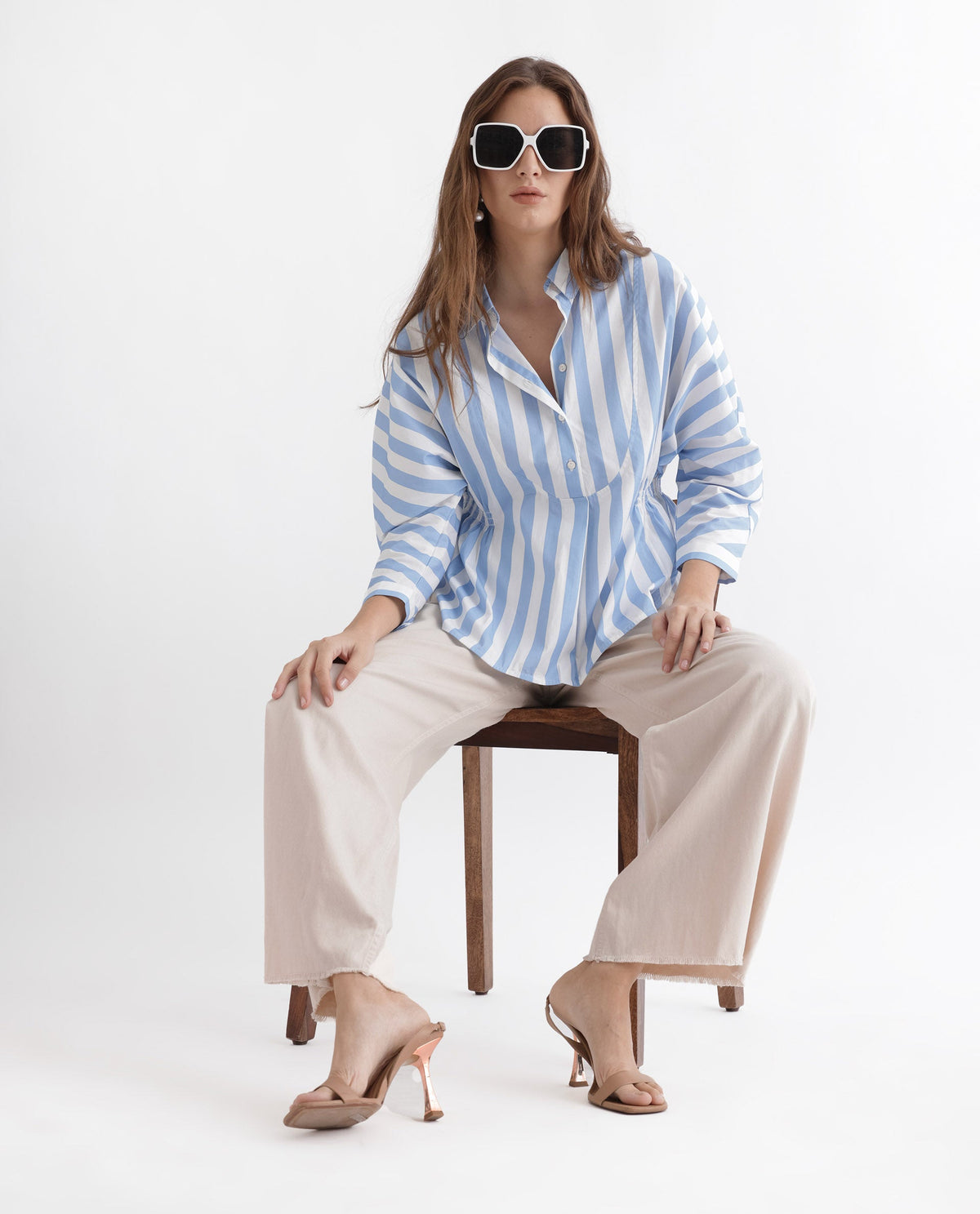 Rareism Women Kowski Blue Cotton Lycra Fabric Regular Fit Shirt Collar Full Sleeves Striped Top