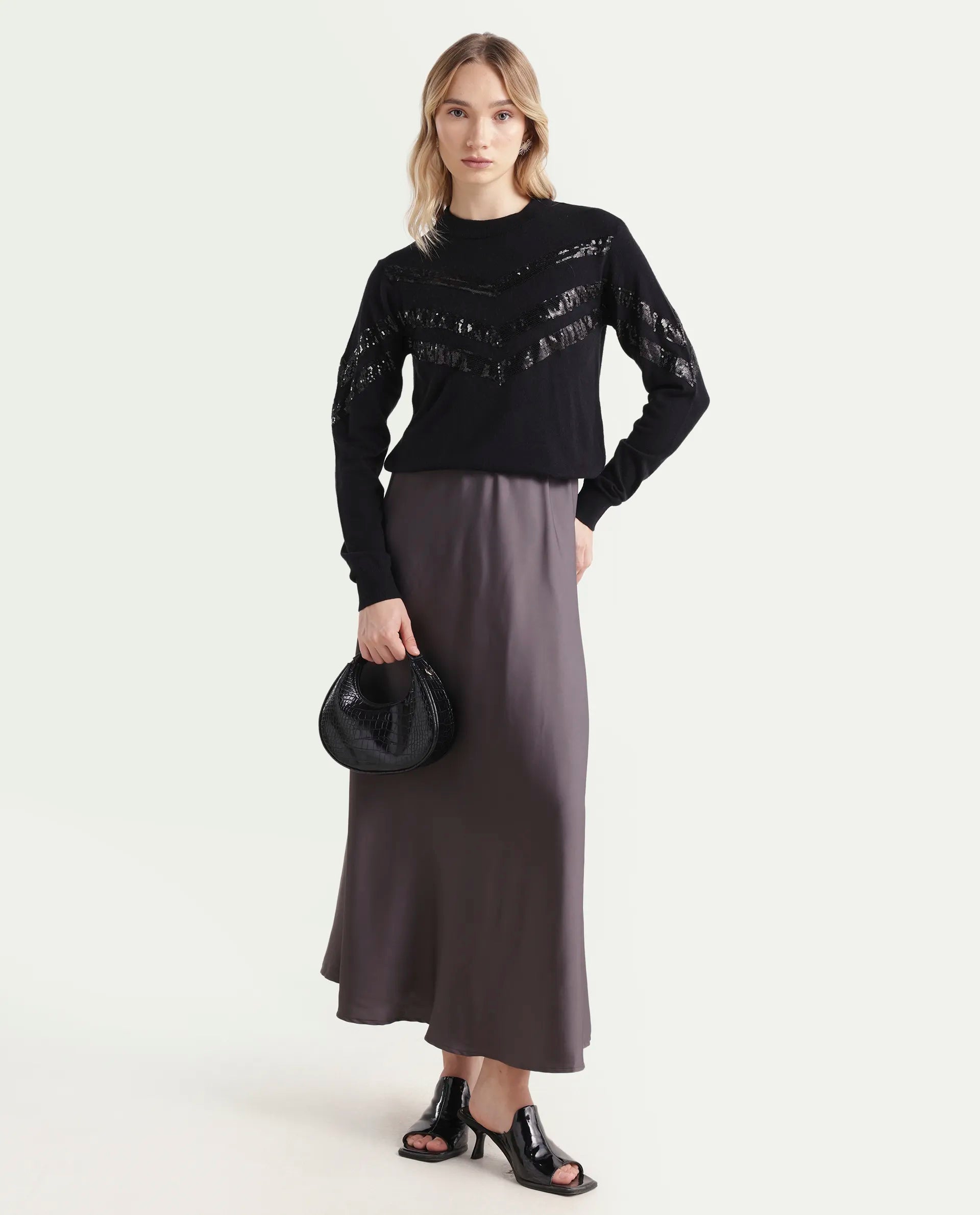 Rareism Women's Kran Black Viscose Crew Neck Embellished Regular Fit Sweater