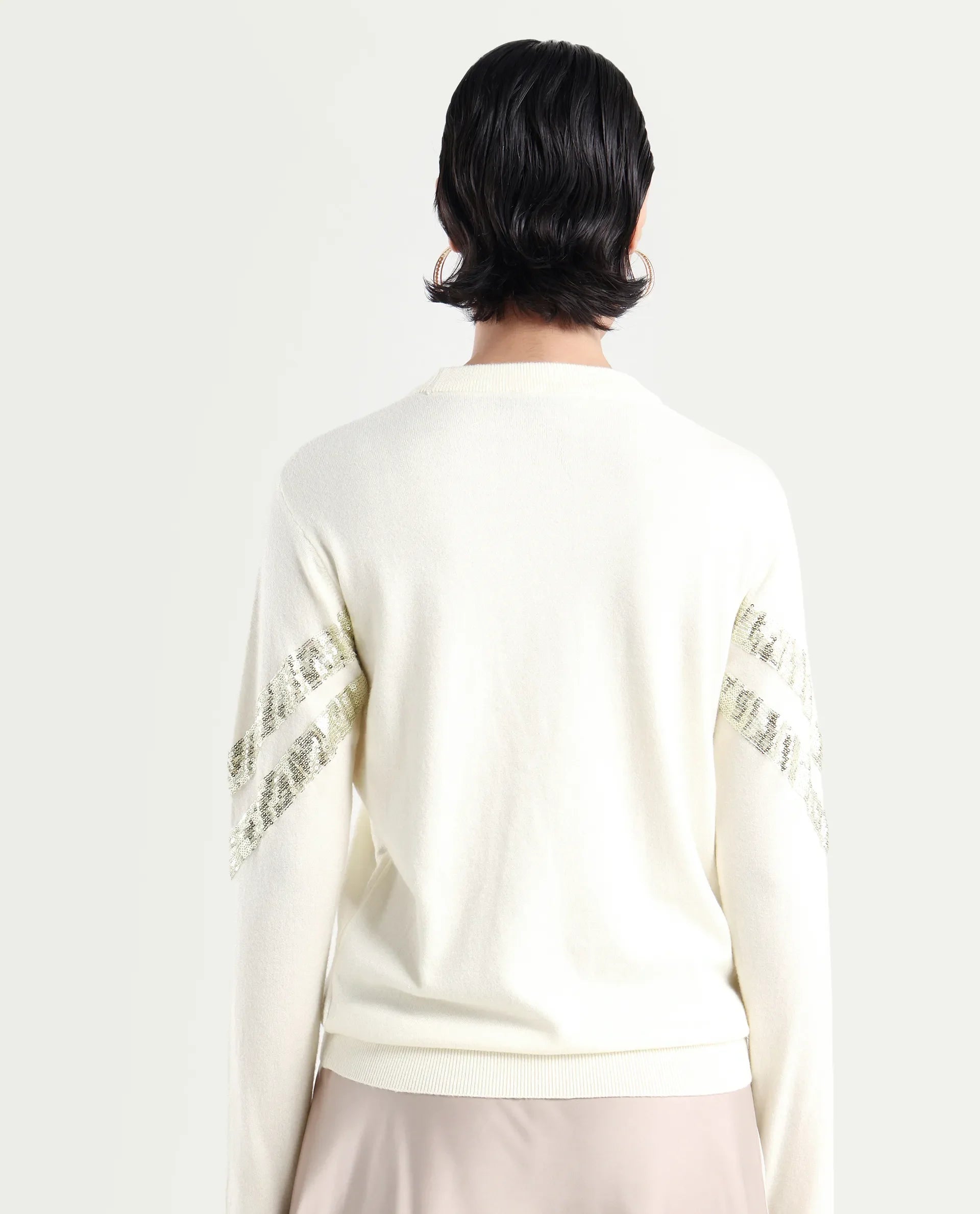 Rareism Women's Kran Off White Viscose Crew Neck Embellished Regular Fit Sweater