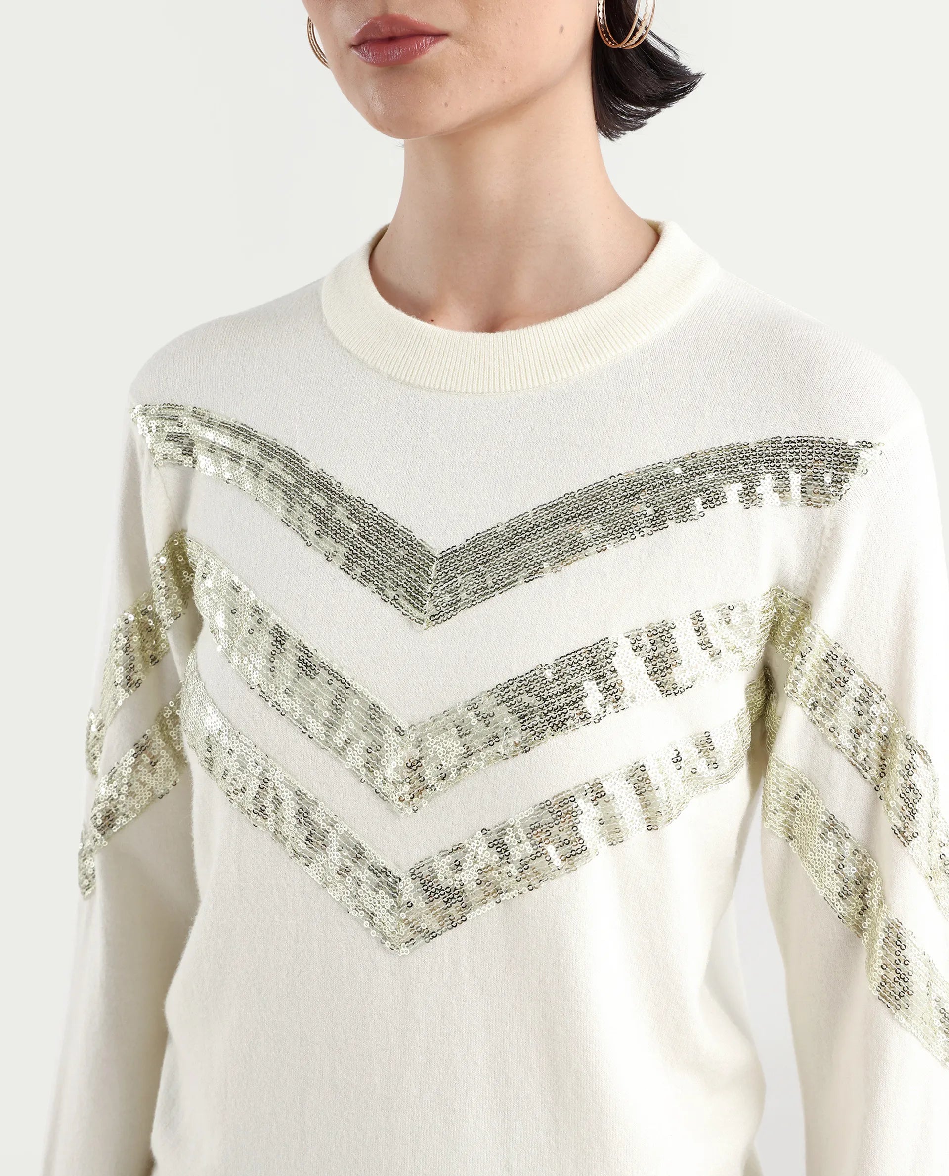 Rareism Women's Kran Off White Viscose Crew Neck Embellished Regular Fit Sweater